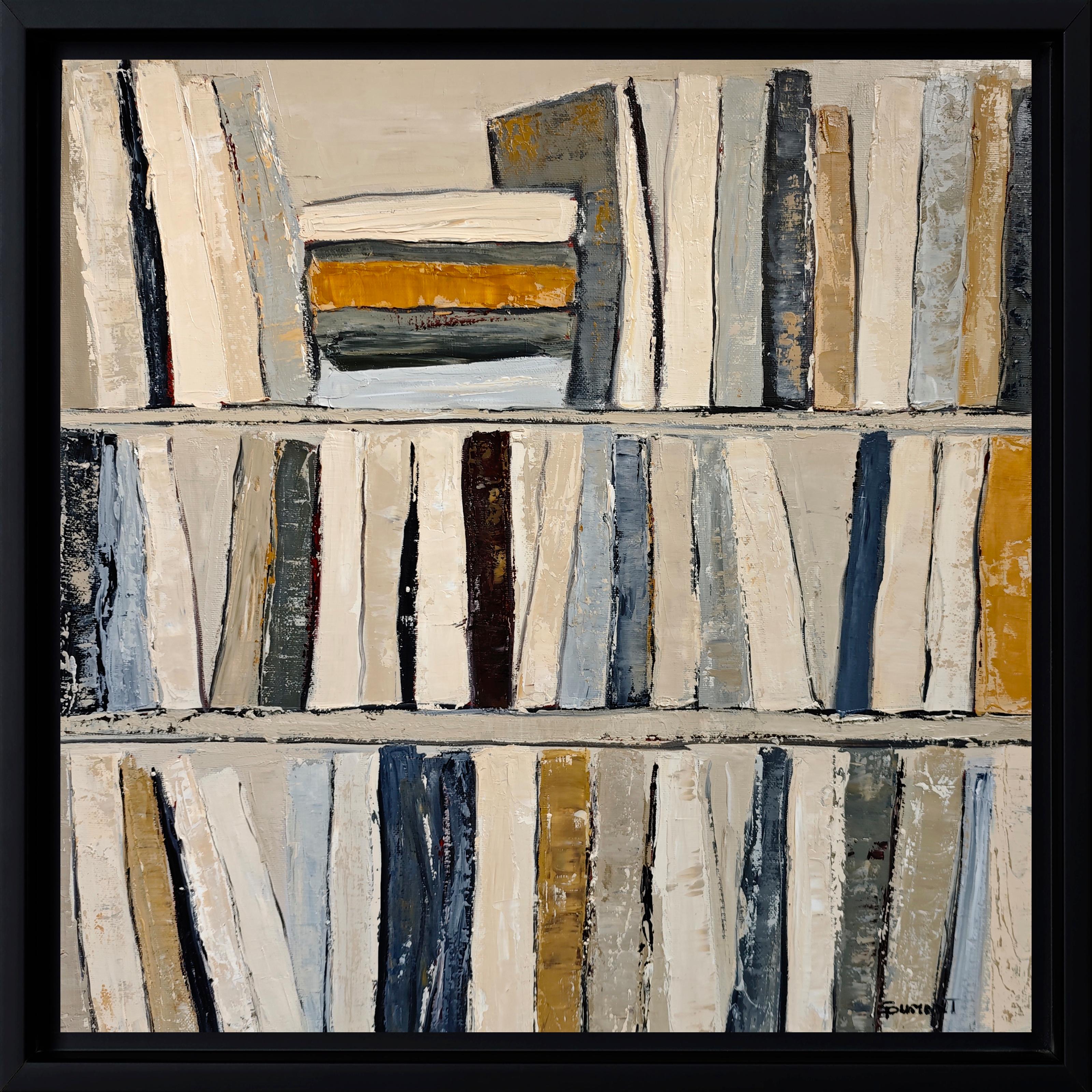 SOPHIE DUMONT Still-Life Painting - Fragments of Reading - Abstract library, textured painting, Oil on canvas