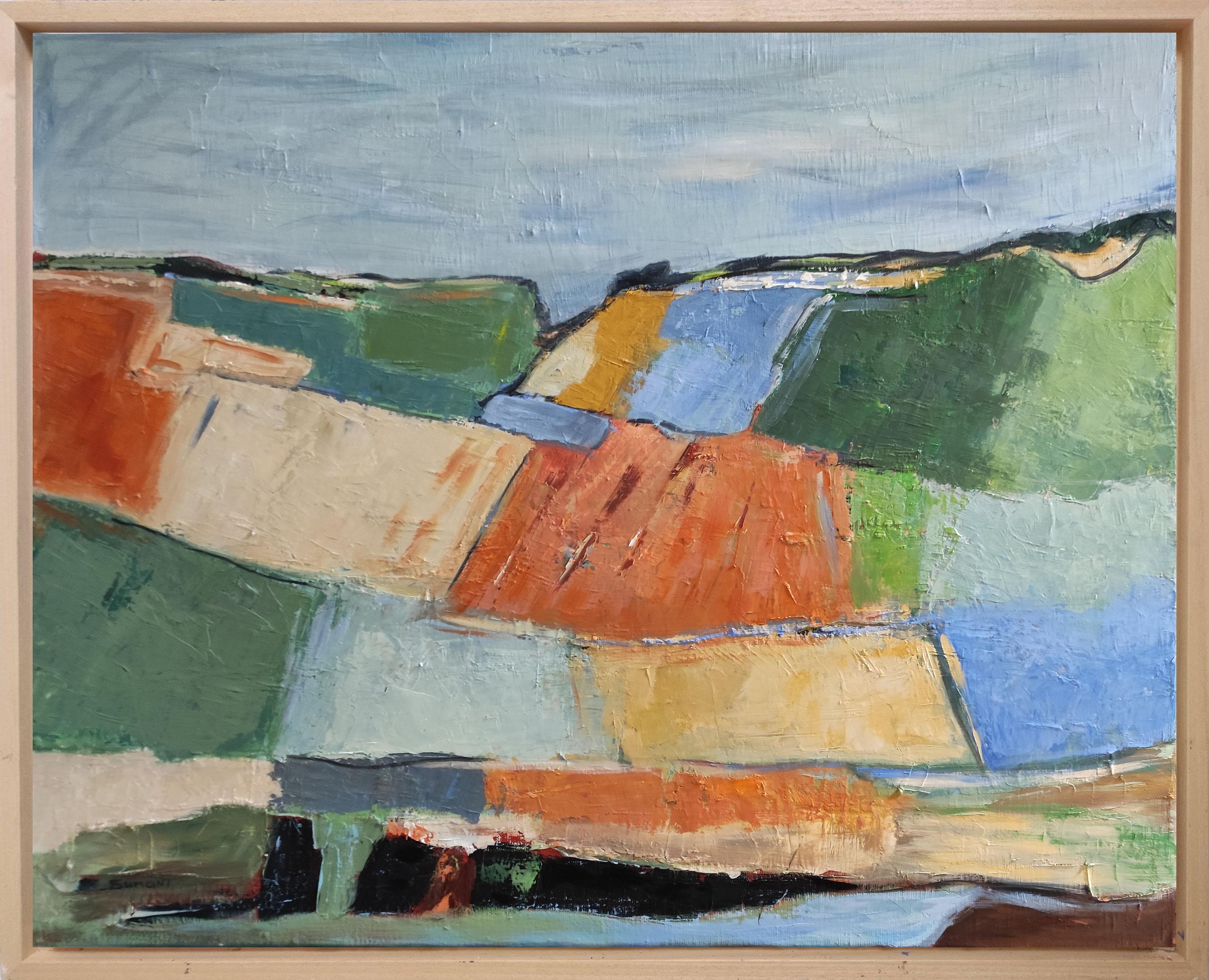 Francia, paesaggio di campagna, blu, verde, astratto, espressionismo, texture ad olio - Painting di SOPHIE DUMONT