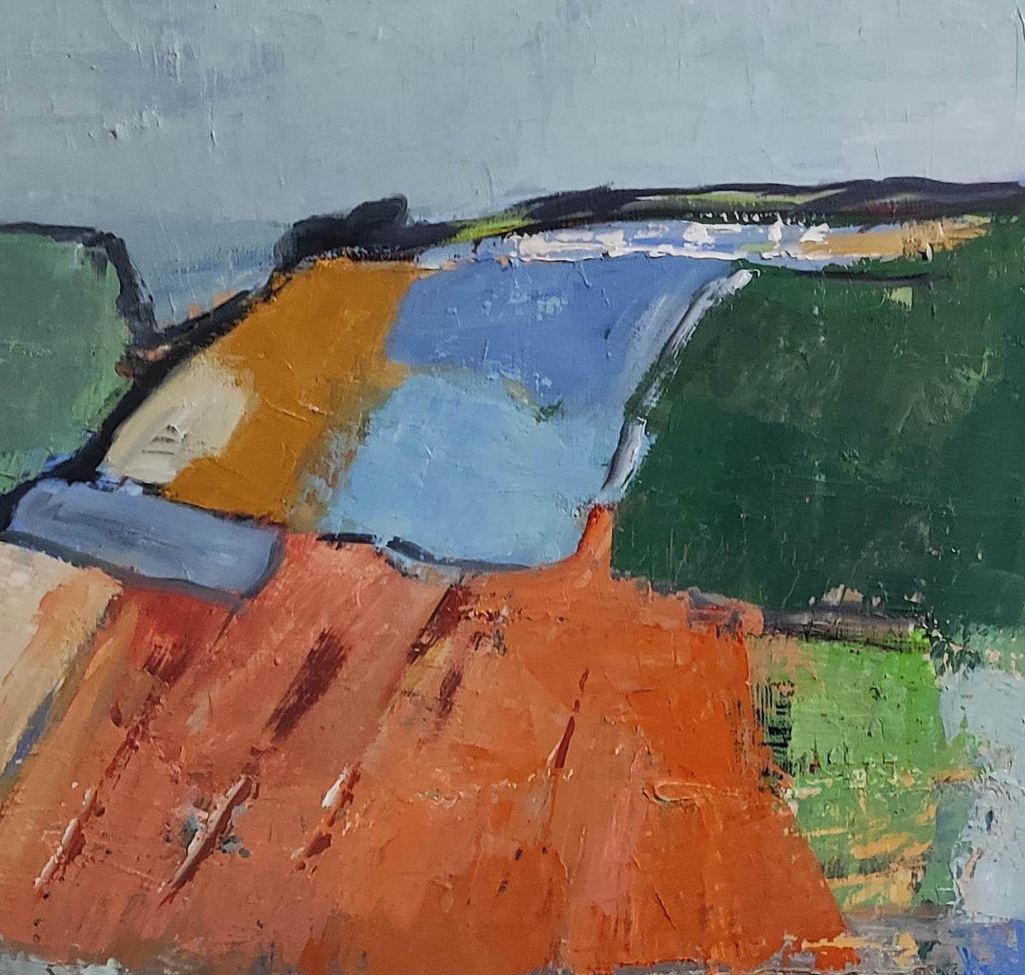 Francia, paesaggio di campagna, blu, verde, astratto, espressionismo, texture ad olio - Painting Espressionismo astratto di SOPHIE DUMONT