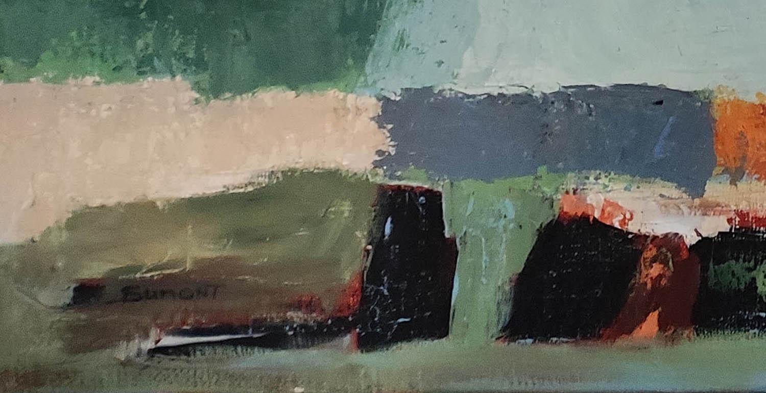 Francia, paesaggio di campagna, blu, verde, astratto, espressionismo, texture ad olio - Landscape Painting Grigio di SOPHIE DUMONT
