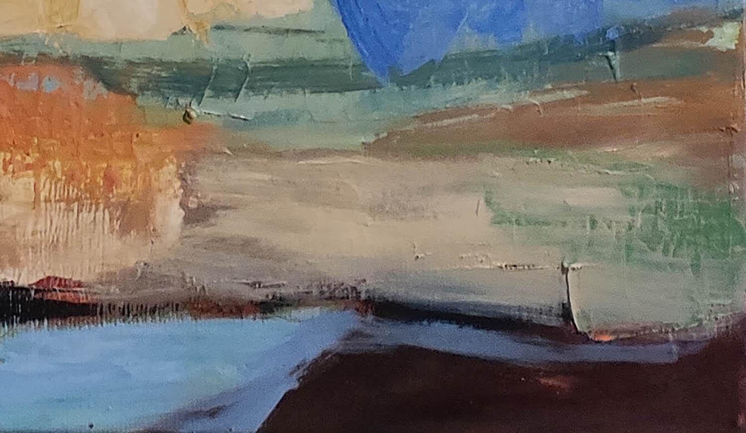 Paesaggio astratto colorato a olio e spatola. L'artista esplora le frontiere dell'espressionismo astratto. Il paesaggio si evolve in modulazioni dai contorni sfumati, per suggerire volumi più che per disegnare un modello preciso. La tavolozza, in