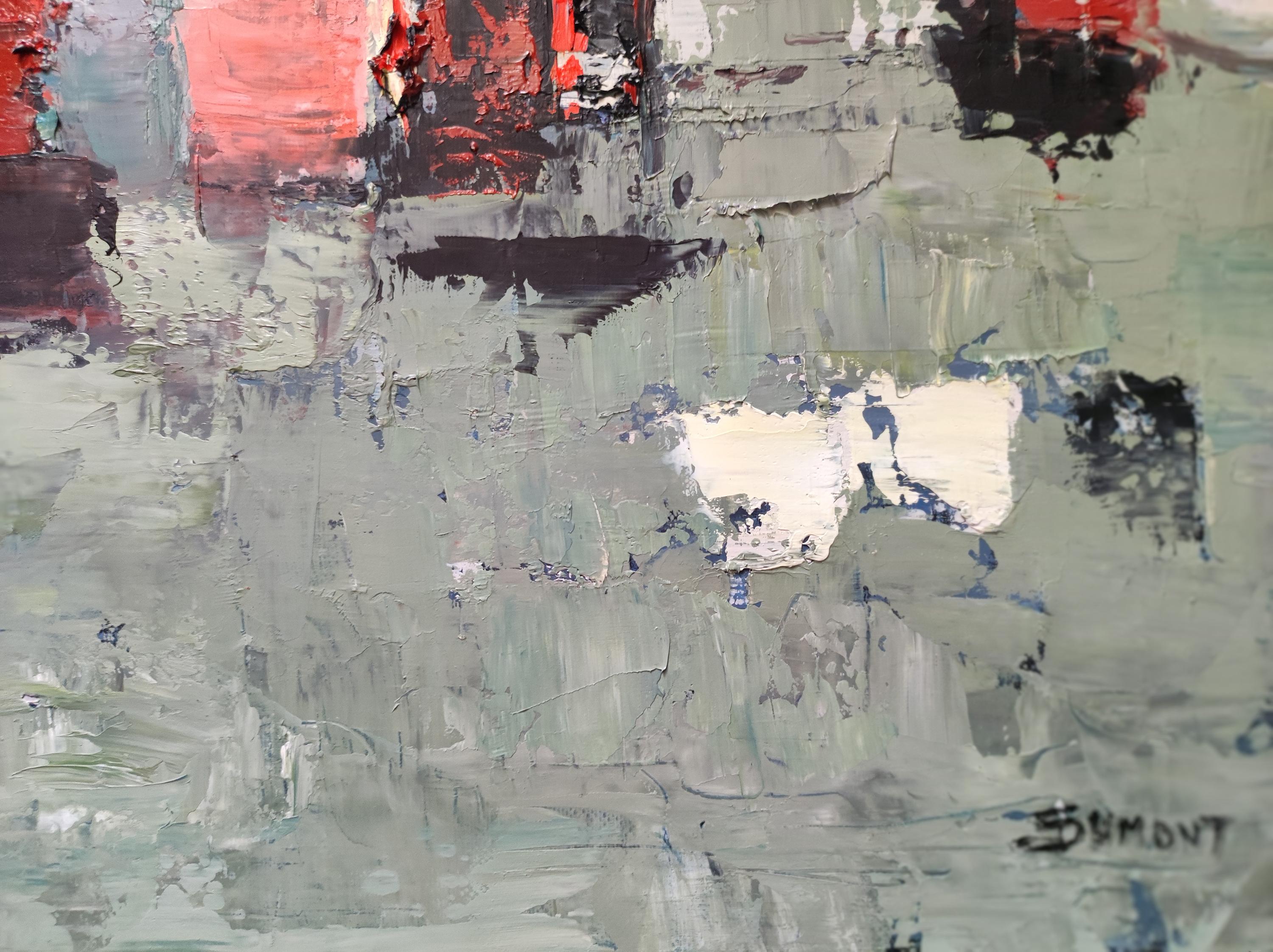 Green still life with bottles treated abstractly with oil and knife.
The texture is beautiful brought by the multitude of layers on the canvas
 The green and gray tones are counterbalanced by the red which warms the canvas.
Sophie DUMONT's abstract