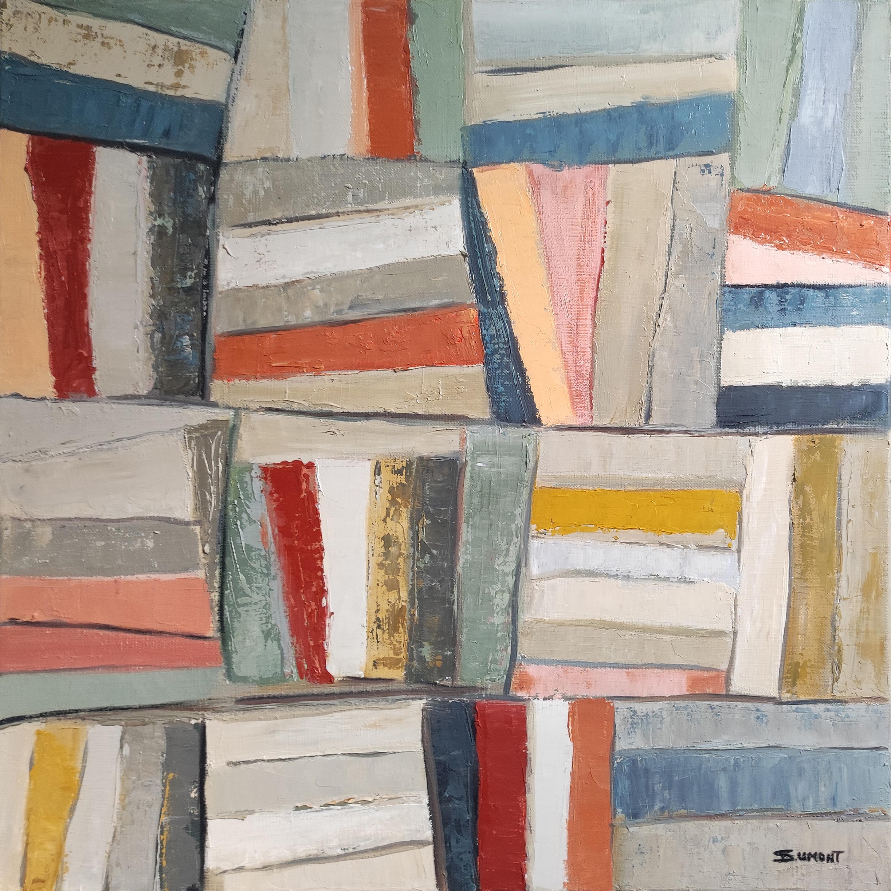 Gemoetric, abstract library,  books,  expressionism, multicolor, oil on canvas For Sale 1