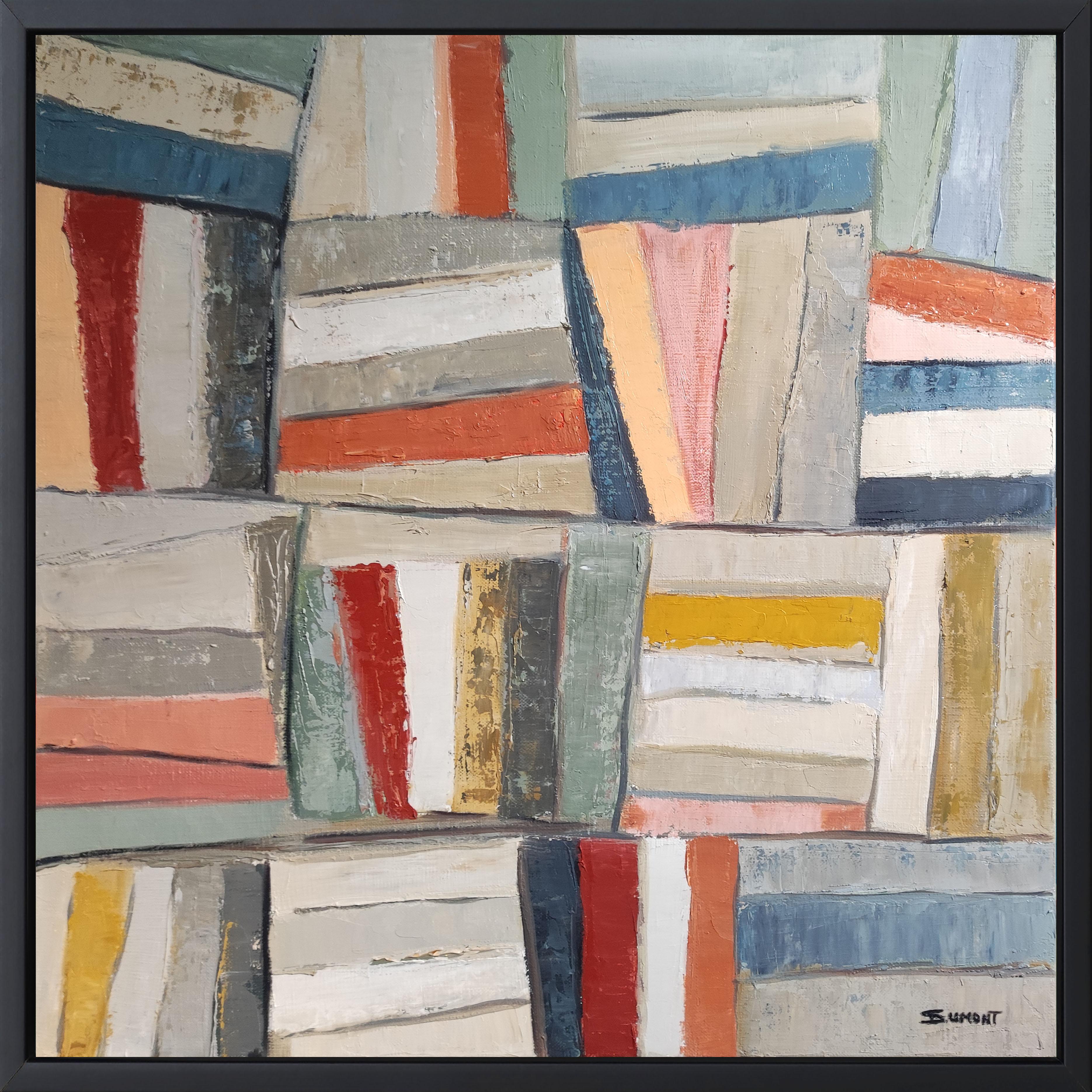 SOPHIE DUMONT Abstract Painting – Gemoetische, abstrakte Bibliothek,  Bücher,  Expressionismus, mehrfarbig, Öl auf Leinwand