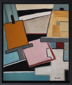 Équilibre géométrique, Abstrait, Bleu, Contemporain, Huile, Cubisme, Art français, moderne