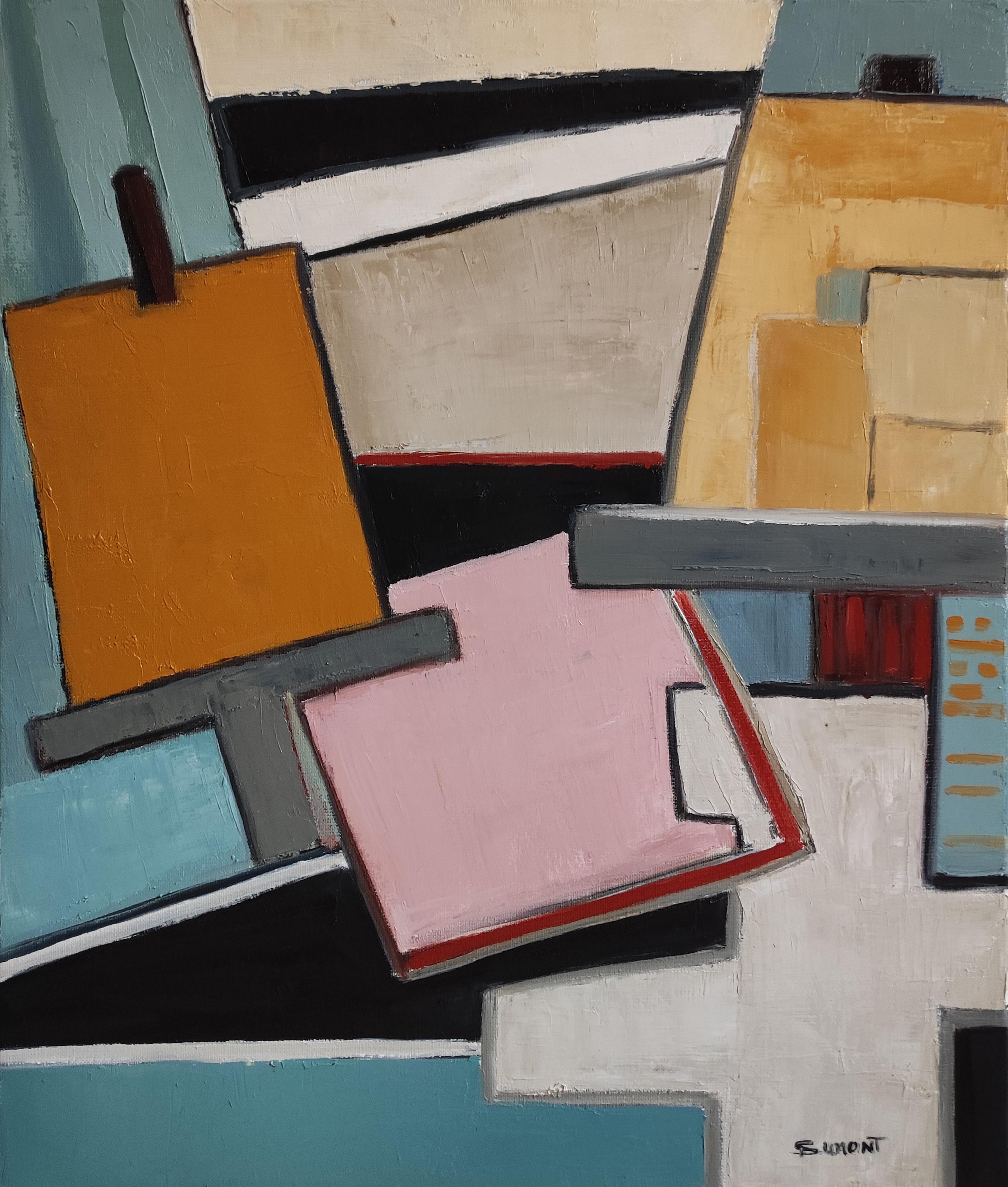 Equilibrio geometrico, Astratto, Blu, Contemporaneo, Olio, Cubismo, Arte francese, moderno - Abstract Painting Marrone di SOPHIE DUMONT