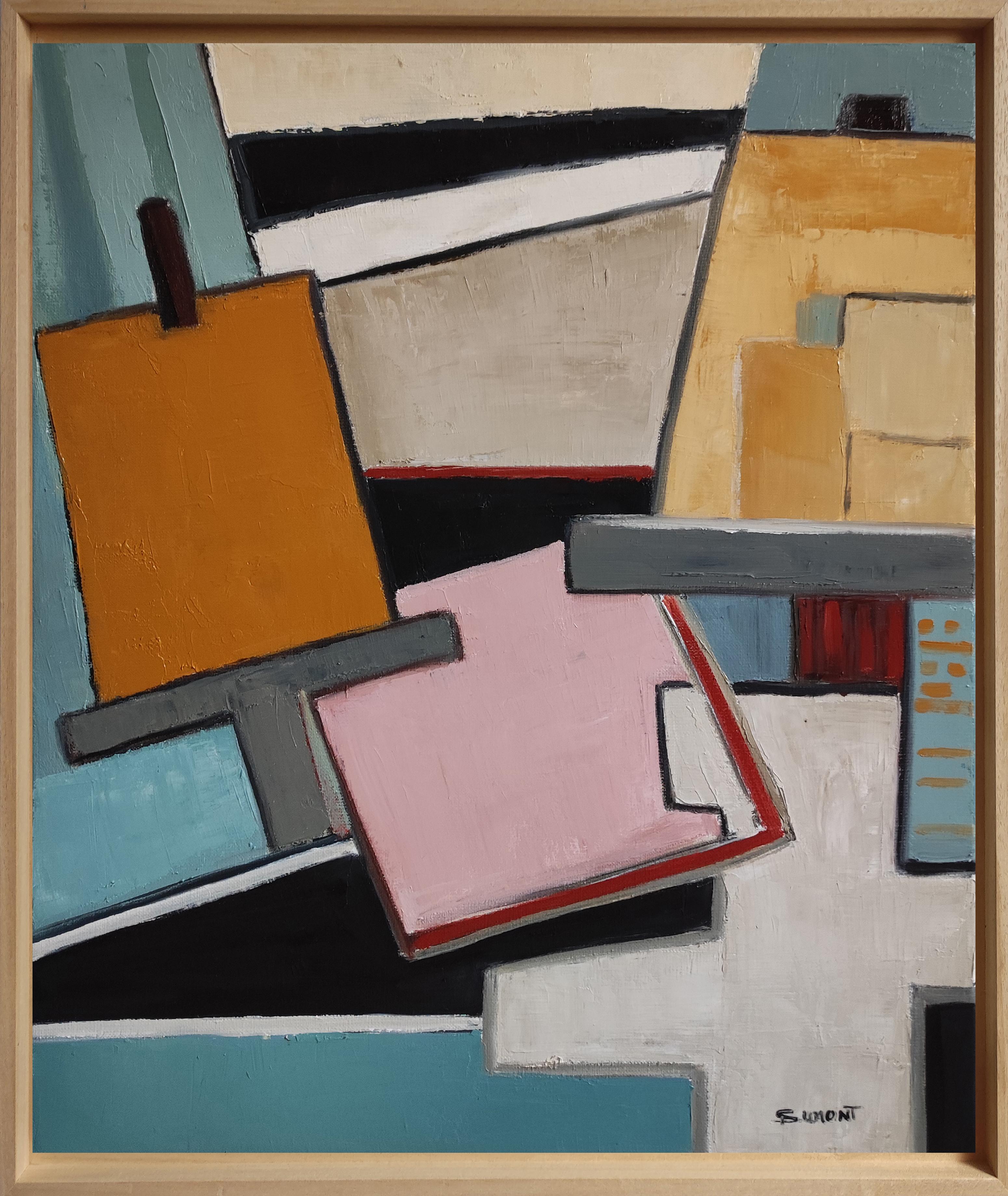 Abstract Painting di SOPHIE DUMONT - Equilibrio geometrico, Astratto, Blu, Contemporaneo, Olio, Cubismo, Arte francese, moderno