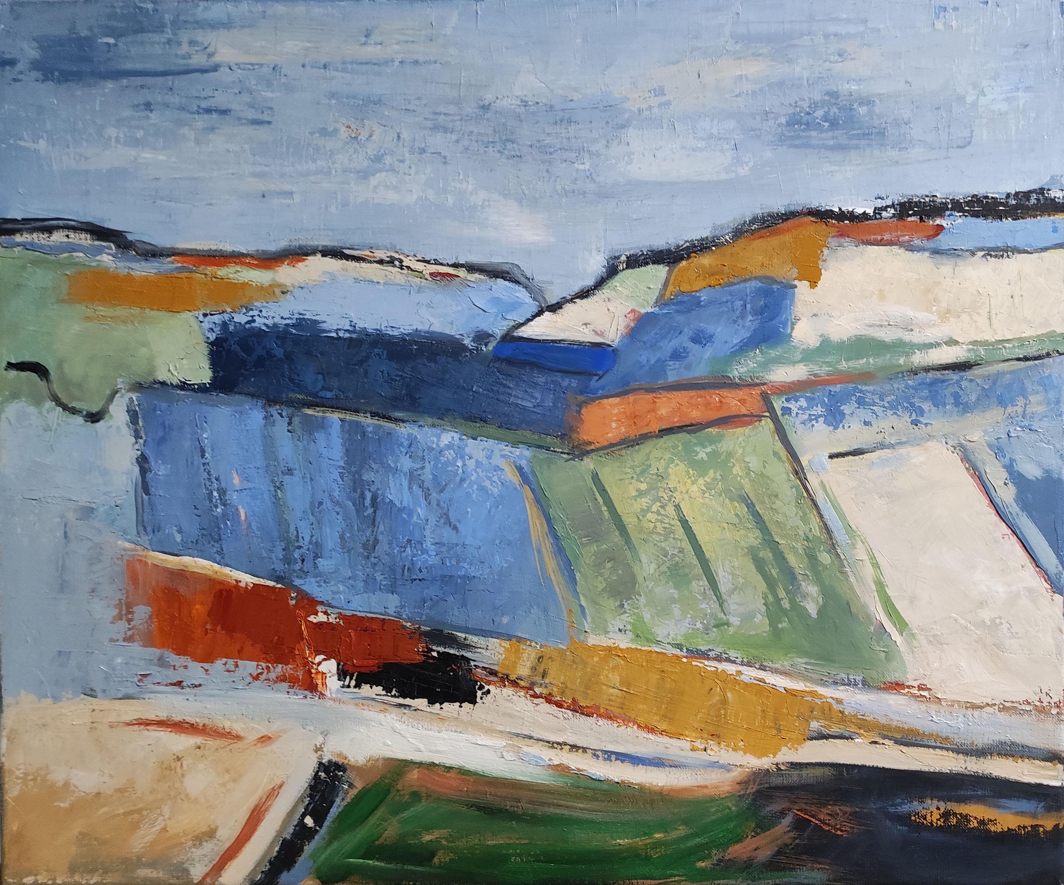 Geometrische Landschaft, unaufdringlich, farbig, Öl auf Leinwand  Textur, Expressionismus – Painting von SOPHIE DUMONT