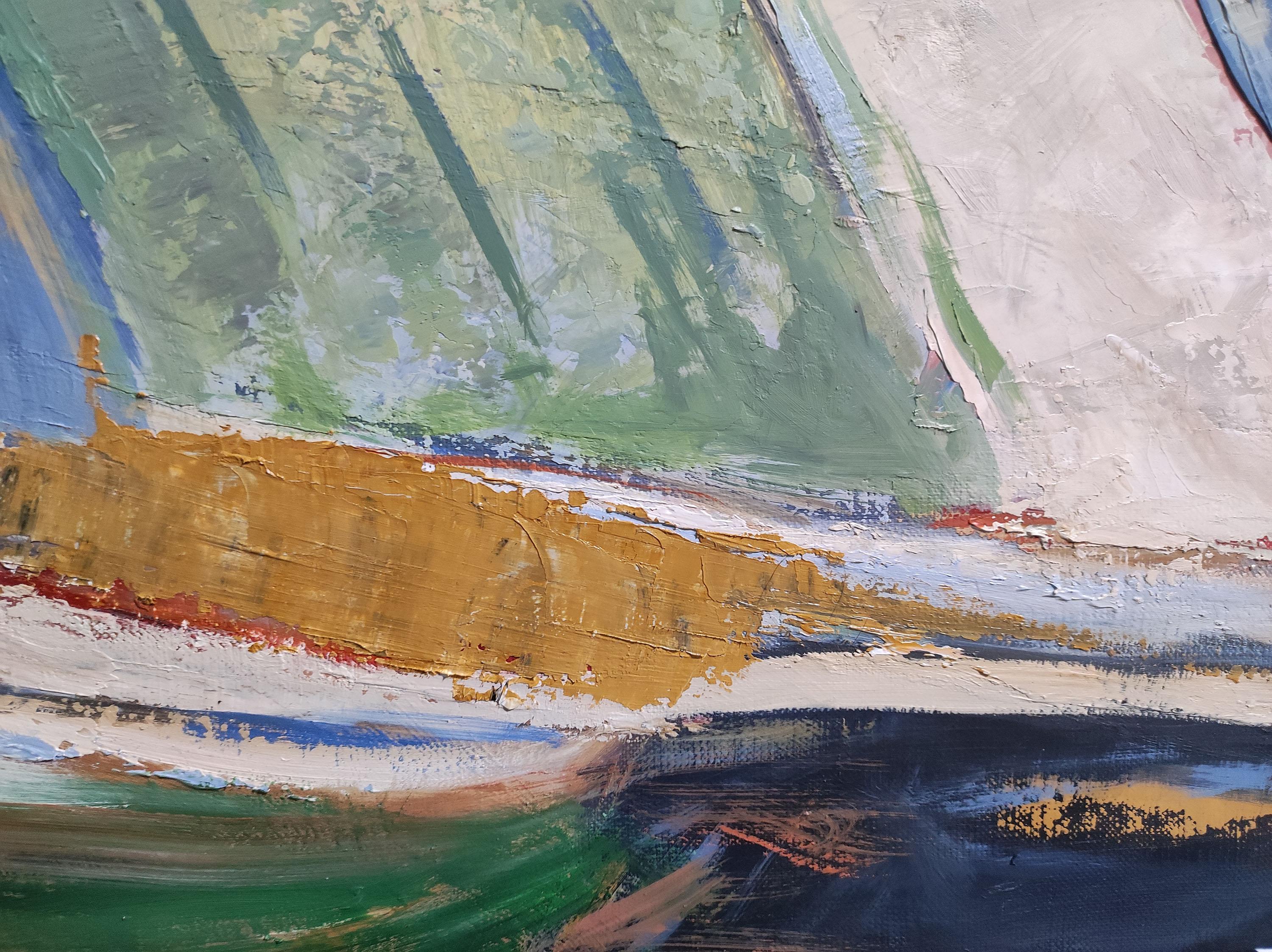 Geometric landscape, Abstact, Colored, Oil on canvas,  textured, Expressionism For Sale 5
