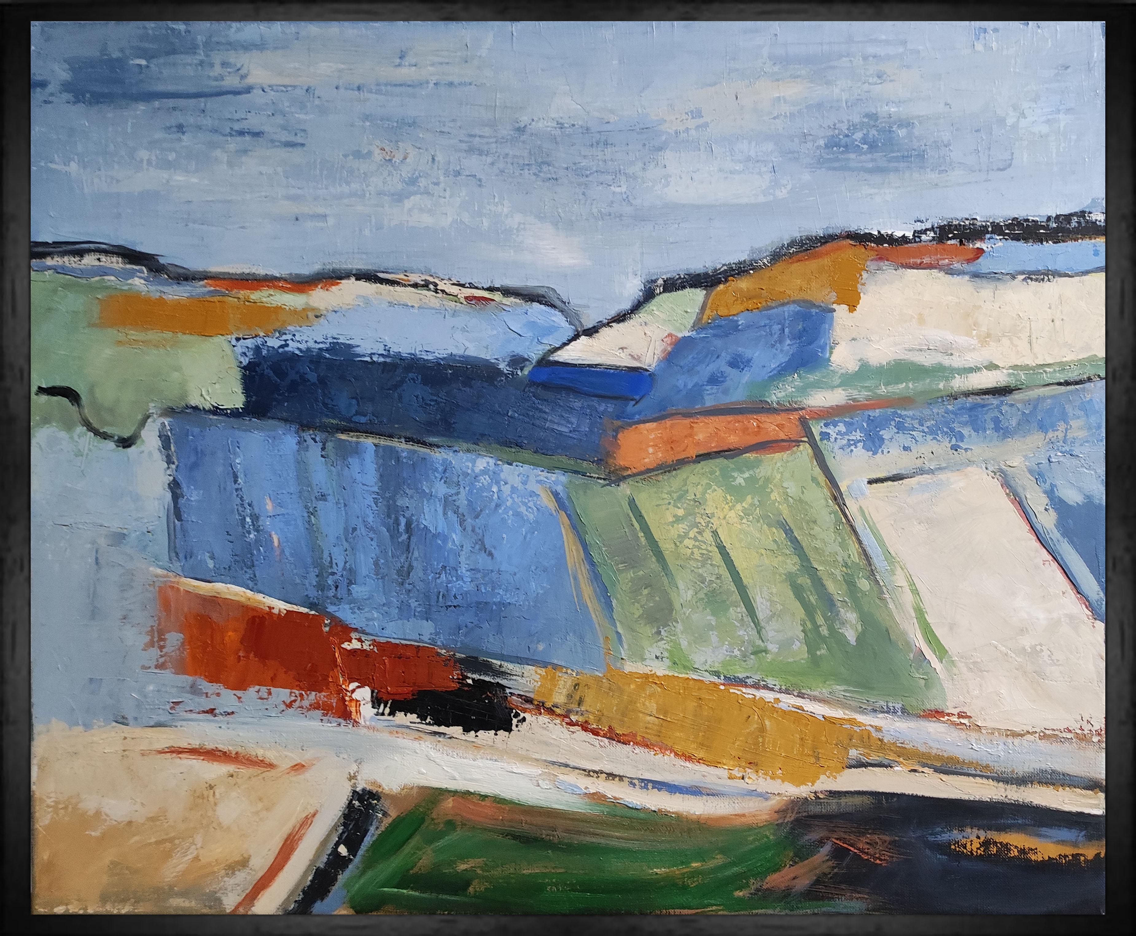 SOPHIE DUMONT Landscape Painting – Geometrische Landschaft, unaufdringlich, farbig, Öl auf Leinwand  Textur, Expressionismus