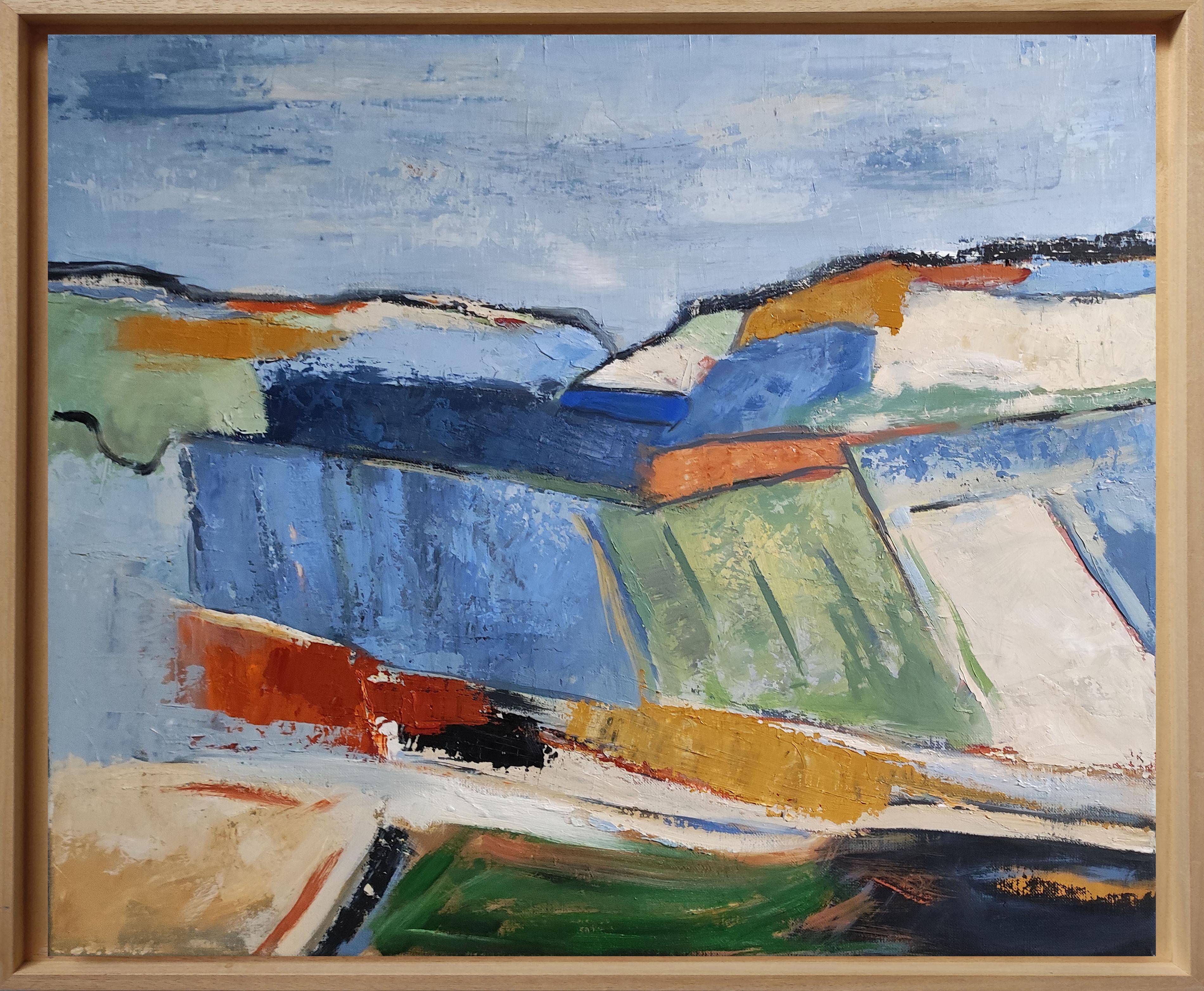Paysage géométrique, abstrait, coloré, huile sur toile,  texturé, expressionnisme en vente 7