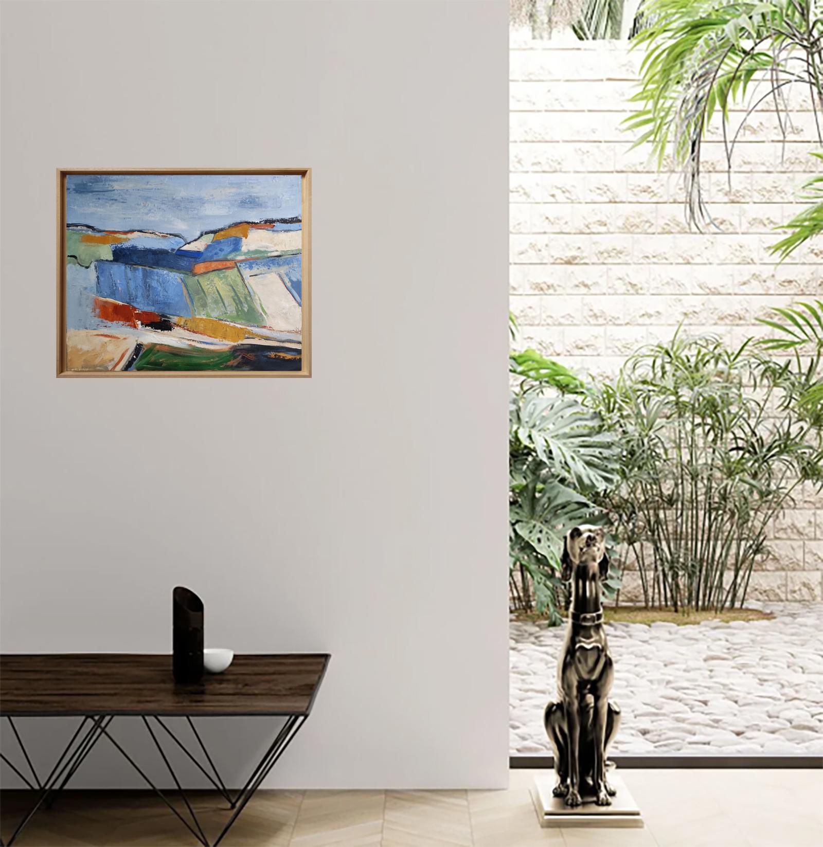 Paysage géométrique, abstrait, coloré, huile sur toile,  texturé, expressionnisme en vente 9