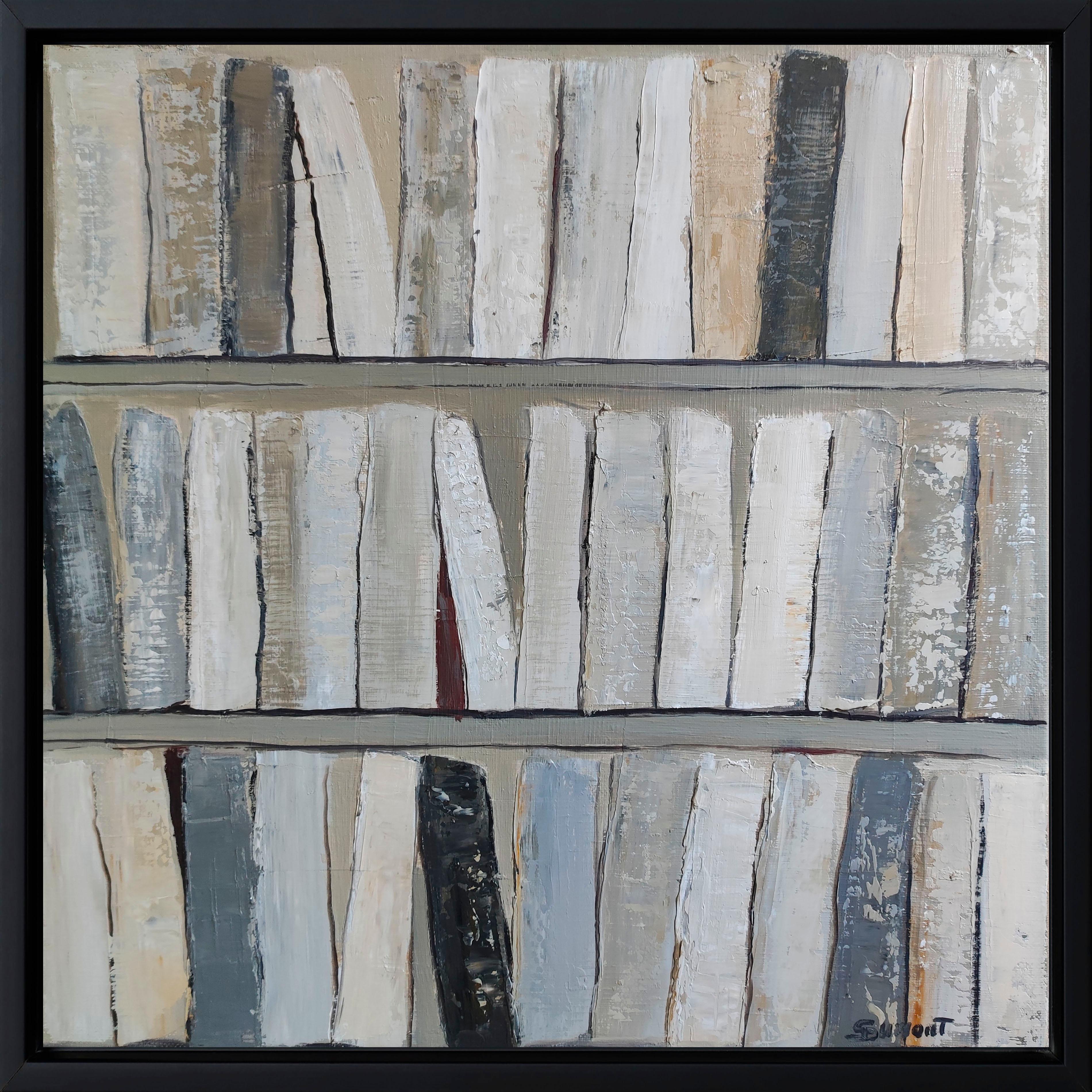 toni di grigio, minimalismo, bianco, astratto, japandi, olio, texture, serie biblioteche - Painting di SOPHIE DUMONT