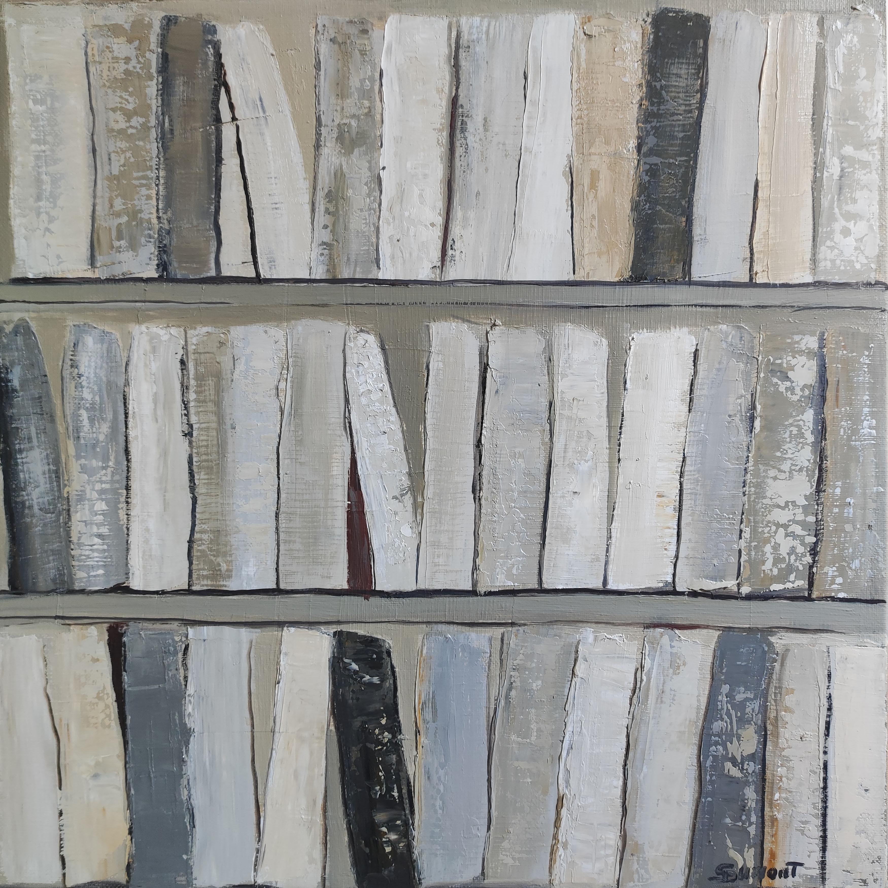 toni di grigio, minimalismo, bianco, astratto, japandi, olio, texture, serie biblioteche - Painting Contemporaneo di SOPHIE DUMONT