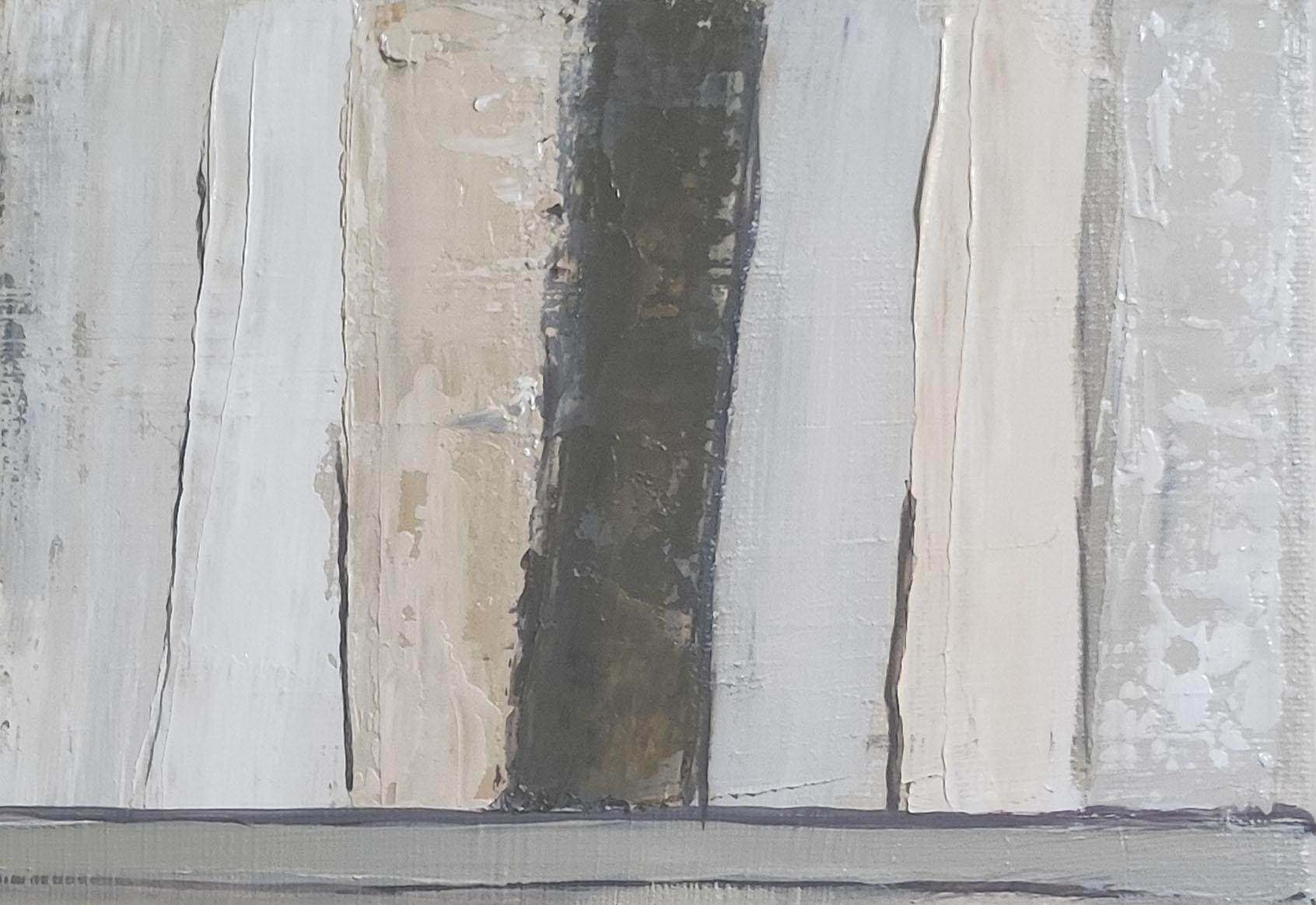 Quadro monocromatico, astratto bianco sul tema dei libri.
Il libro appare più come l'evocazione di una cultura che come un oggetto quotidiano.
Tavolo di una biblioteca con libri bianchi lavorati a olio e coltello.
L'artista cerca la densità della