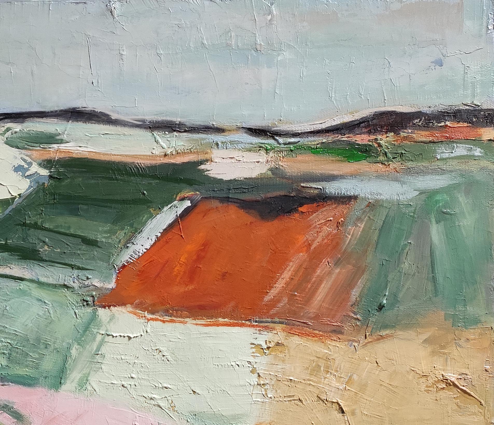 Green Landscape, Abstract Countryside, Fields, Modern, Contemporary, Oil, French - American Modern Painting by SOPHIE DUMONT