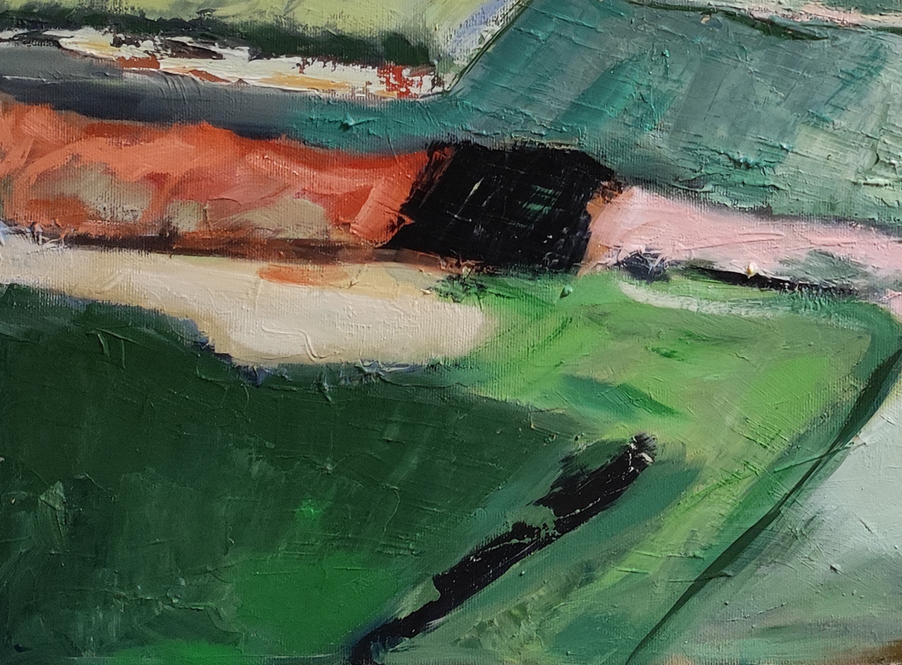 Green Landscape, Abstract Countryside, Fields, Modern, Contemporary, Oil, French - Gray Landscape Painting by SOPHIE DUMONT