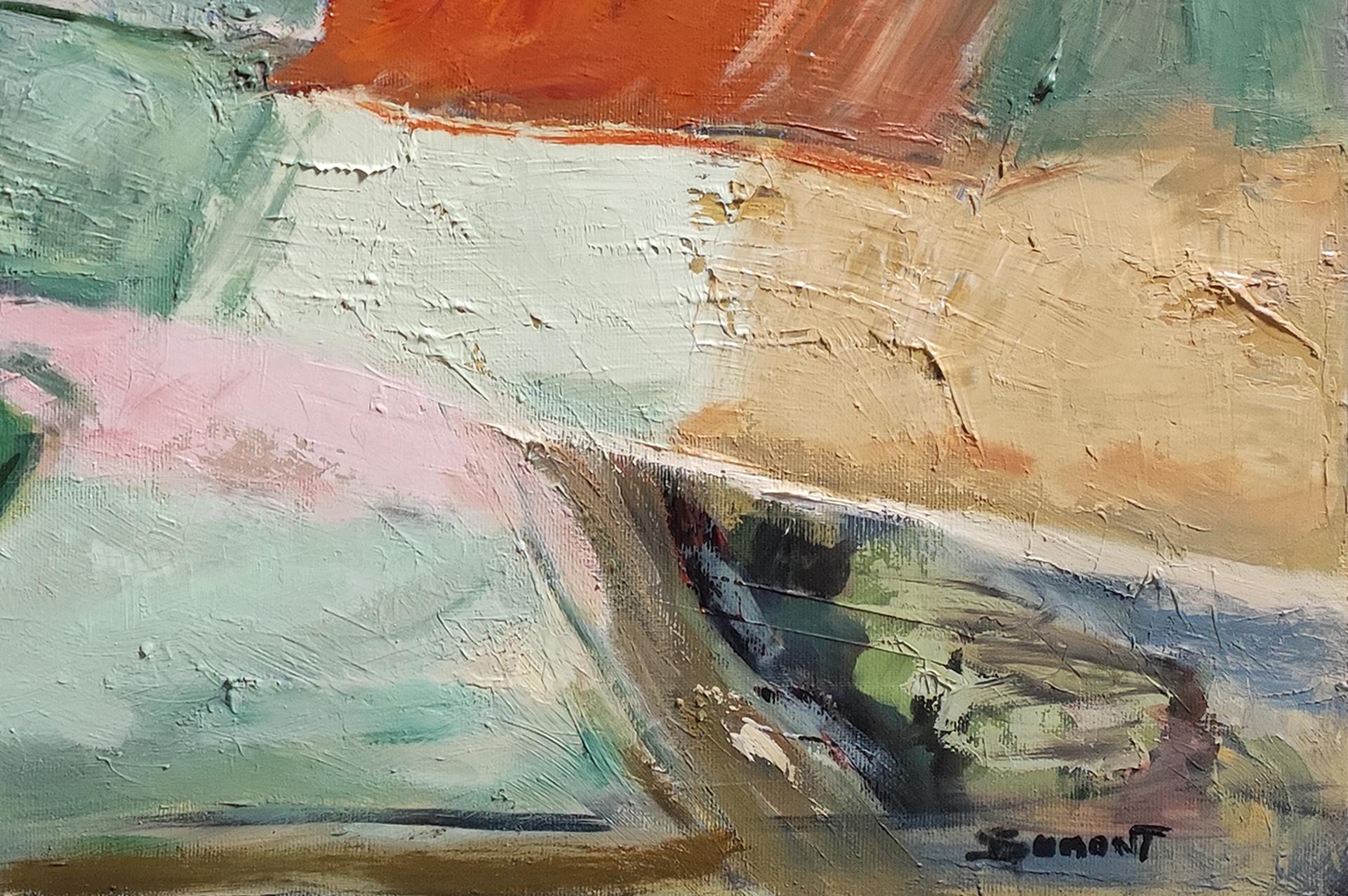 Abstract landscape with colored plots in a dominant green. The landscape evolves in modulations with blurred contours, to suggest volumes more than to draw a precise pattern. The palette, often in more subdued tones, suggests more than it imposes a