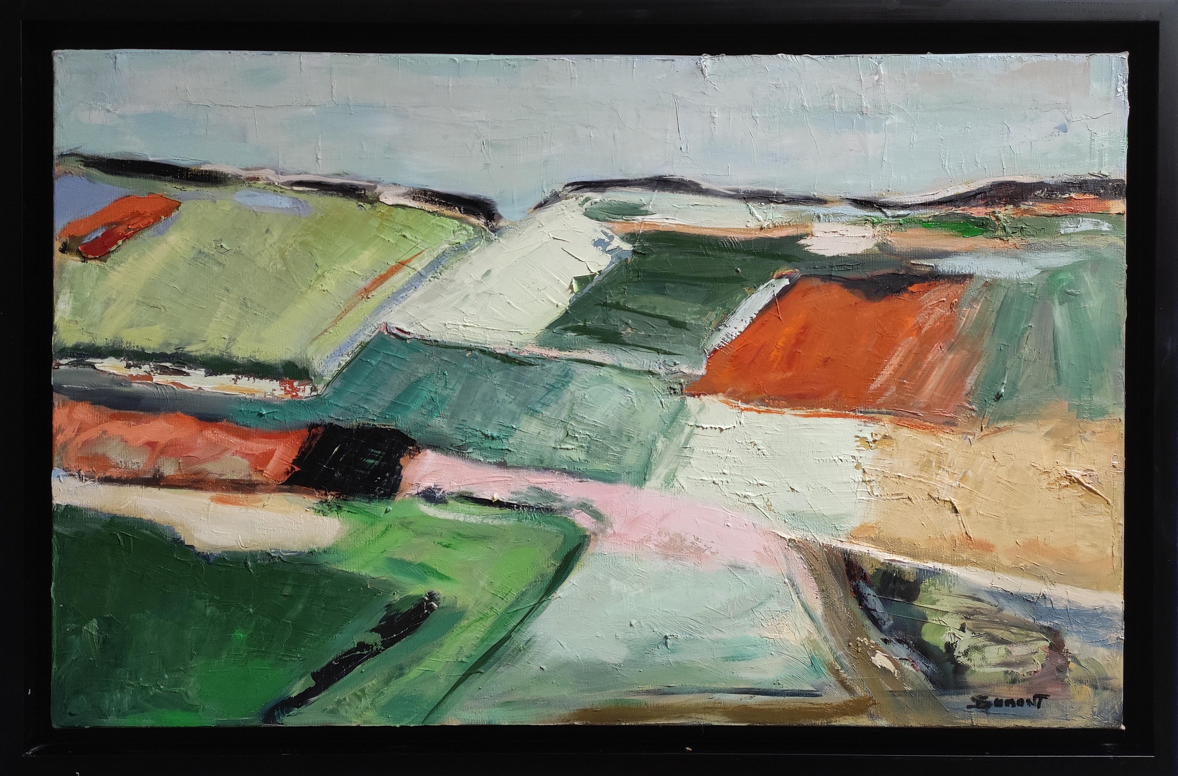 SOPHIE DUMONT Landscape Painting - Green Landscape, Abstract Countryside, Fields, Modern, Contemporary, Oil, French