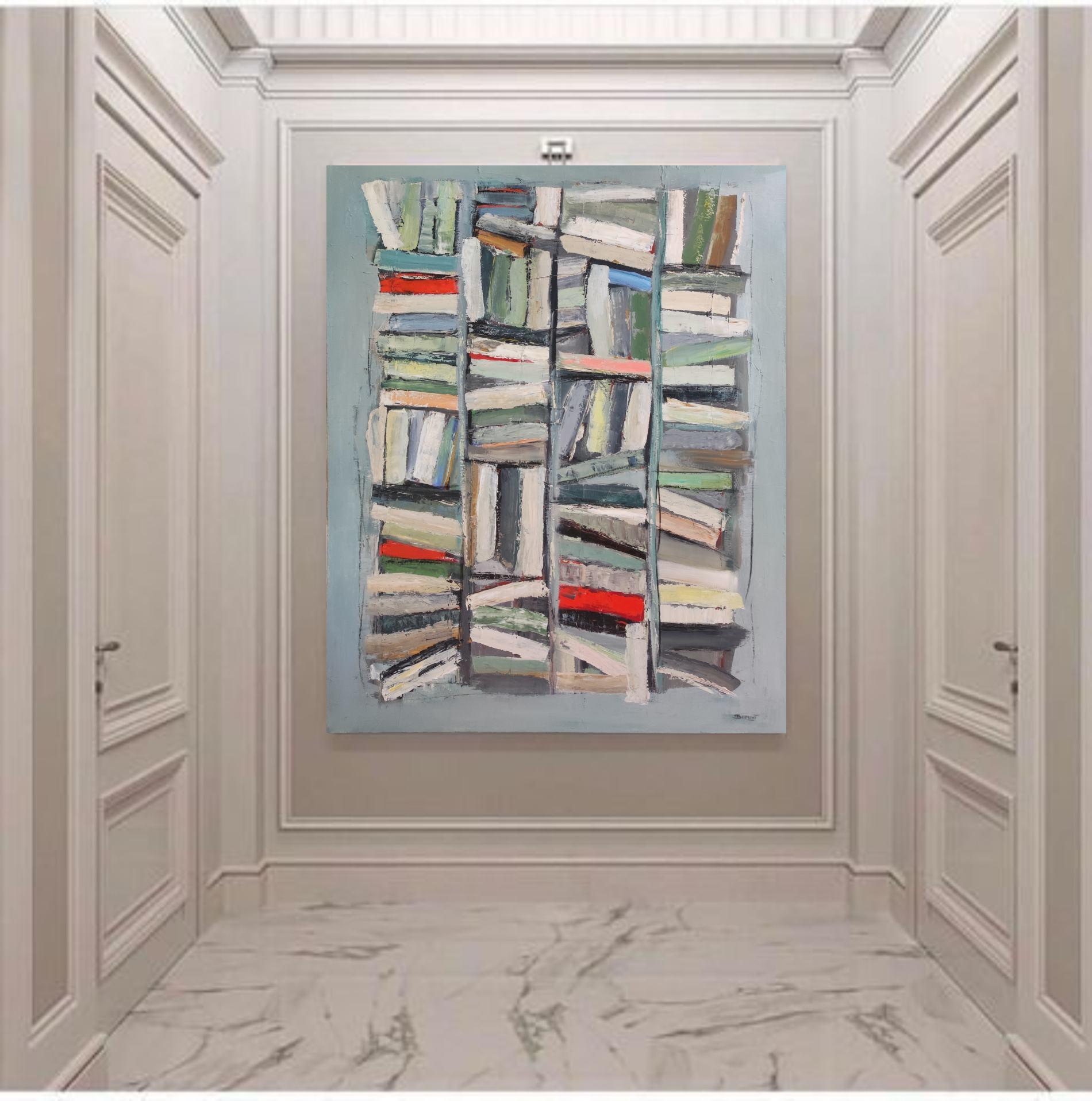 Biblioteca verde, astratto, geometrico, strutturato, olio,  Espressionismo francese - Painting Astratto di SOPHIE DUMONT