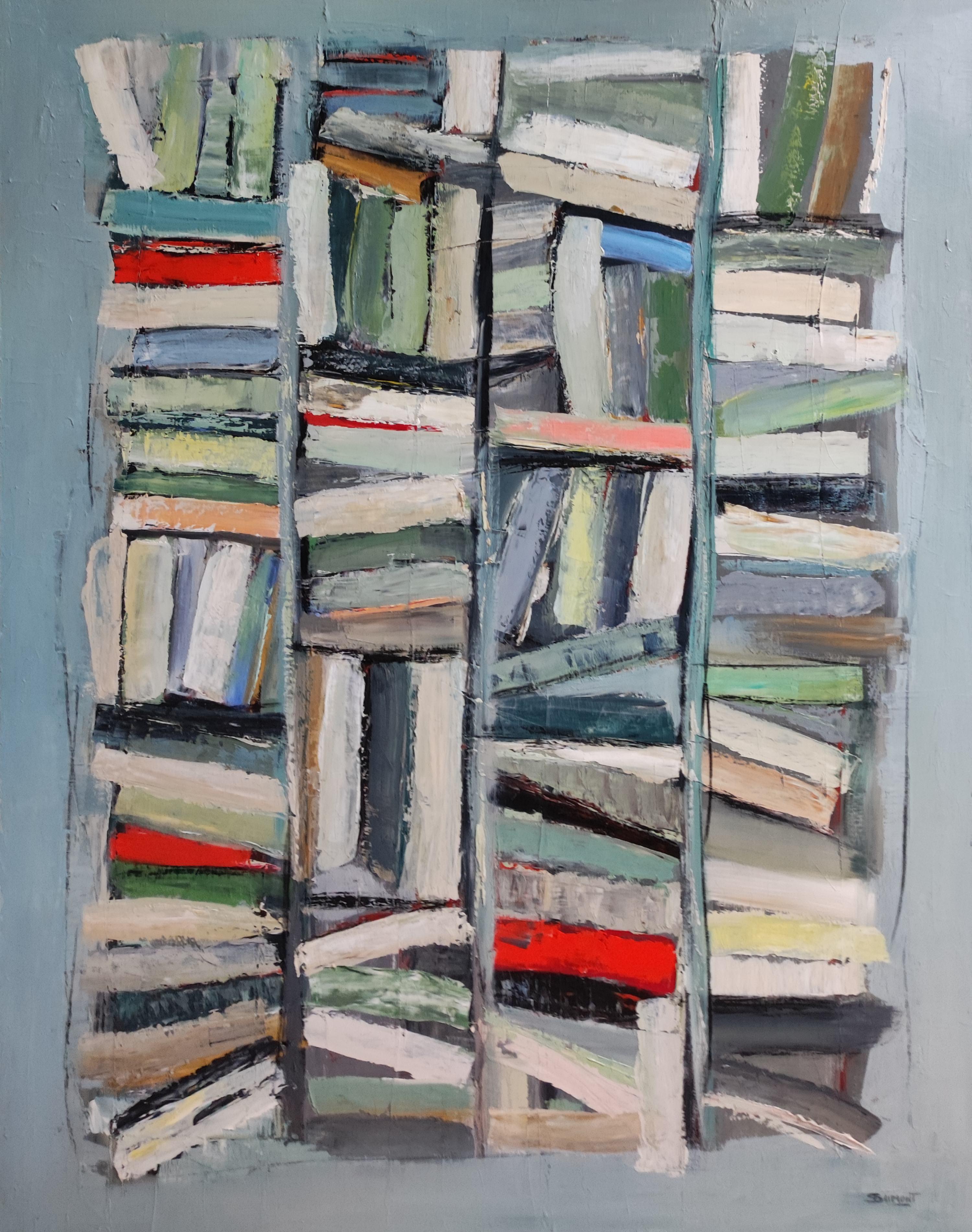 SOPHIE DUMONT Interior Painting - green library, abstract , geometric, texture, oil,  french expressionism
