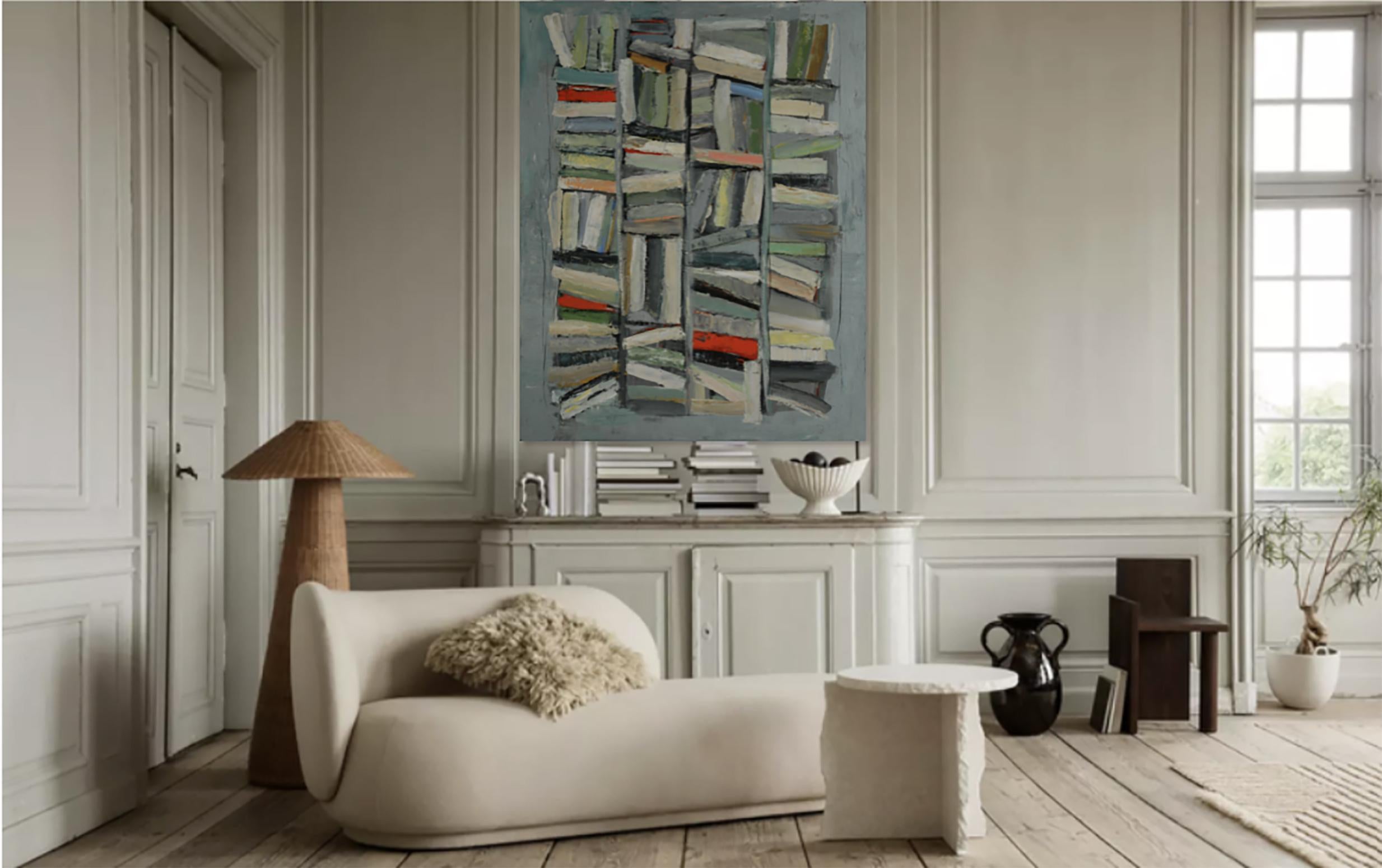 Green Library, Abstract , Geometric, Textured, Oil,  French, Expressionism Books - Painting by SOPHIE DUMONT