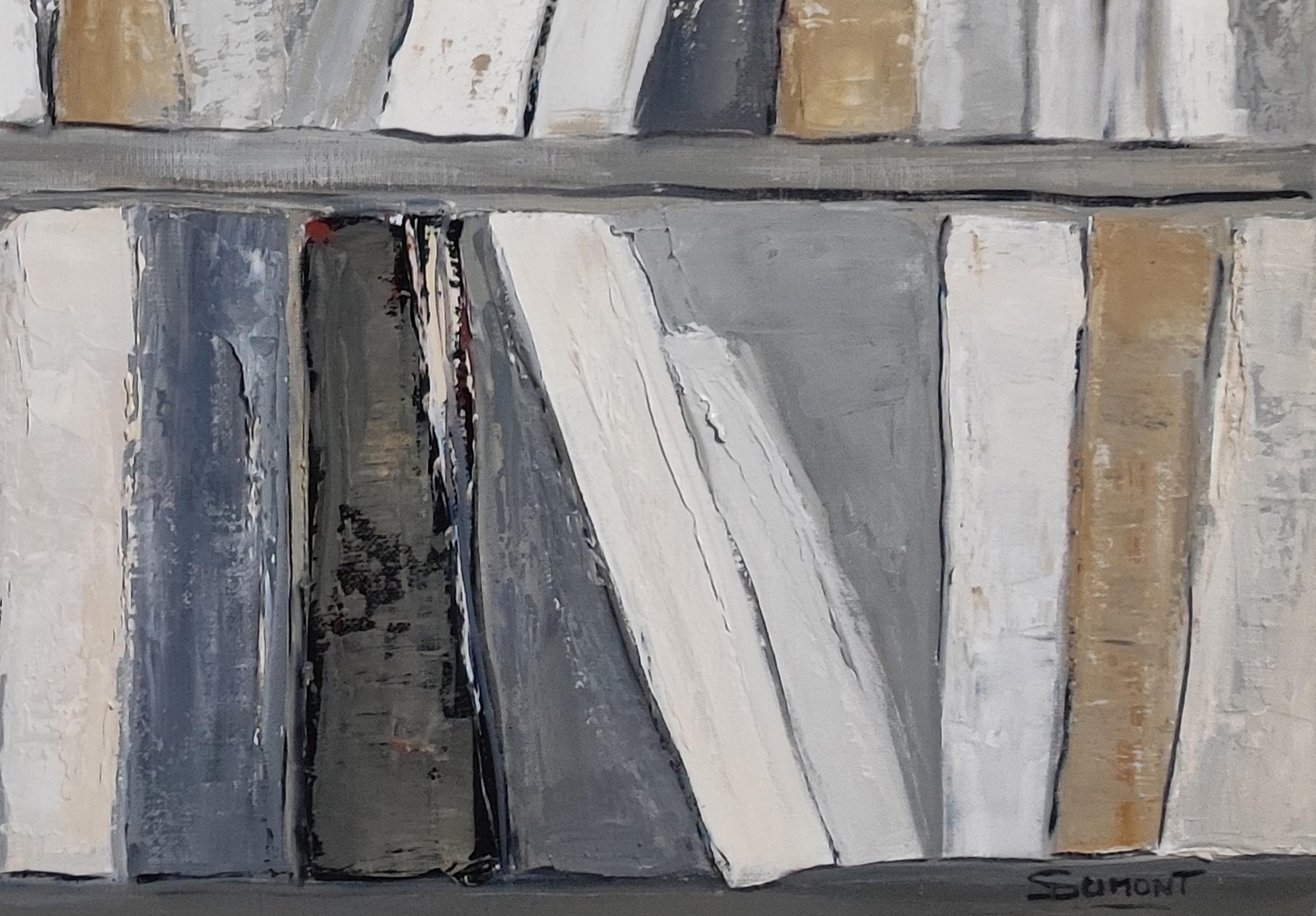 greige, abstract library, minimalism, oil on canvas, contempory, expressionism For Sale 6