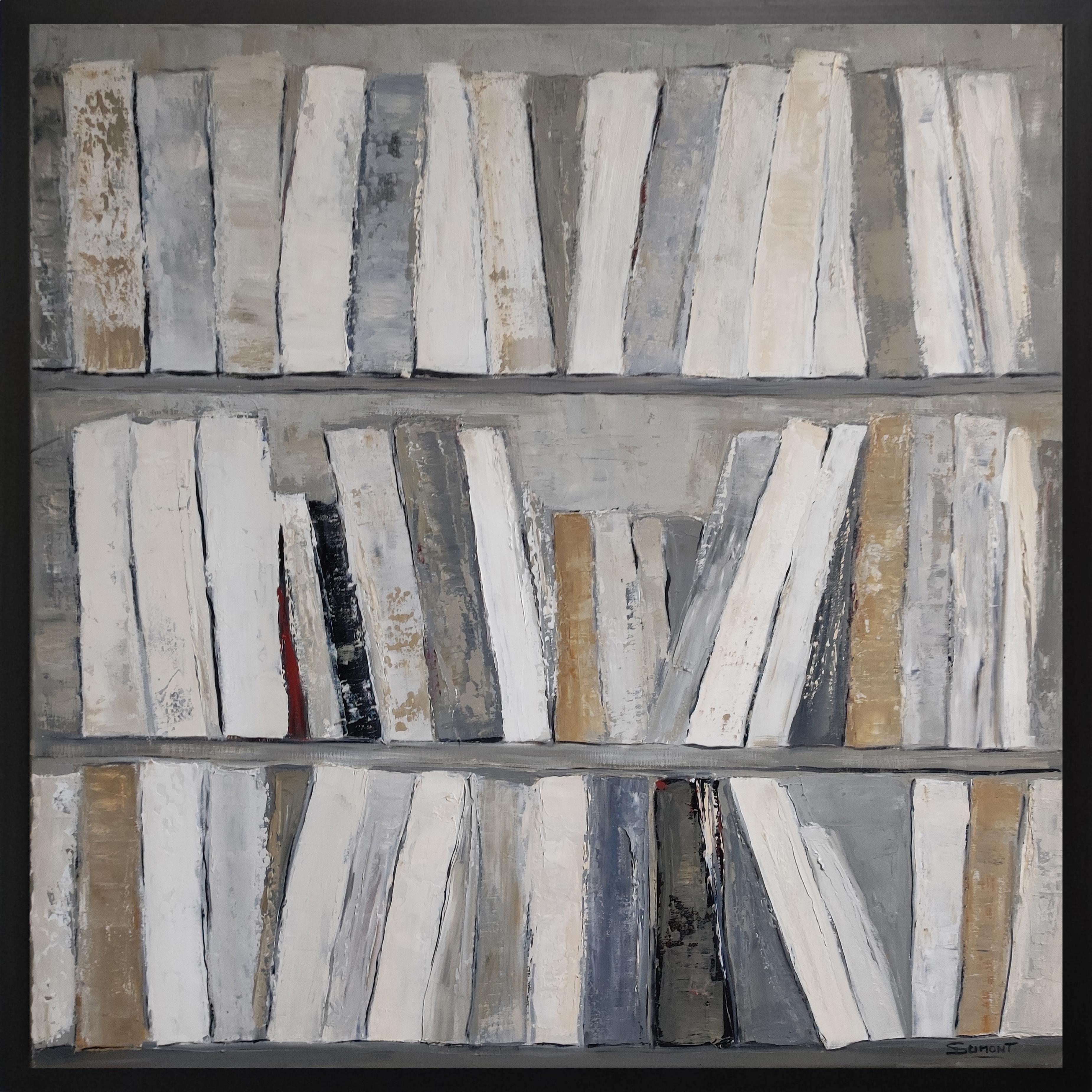 greige, abstract library, minimalism, oil on canvas, contempory, expressionism - Painting by SOPHIE DUMONT