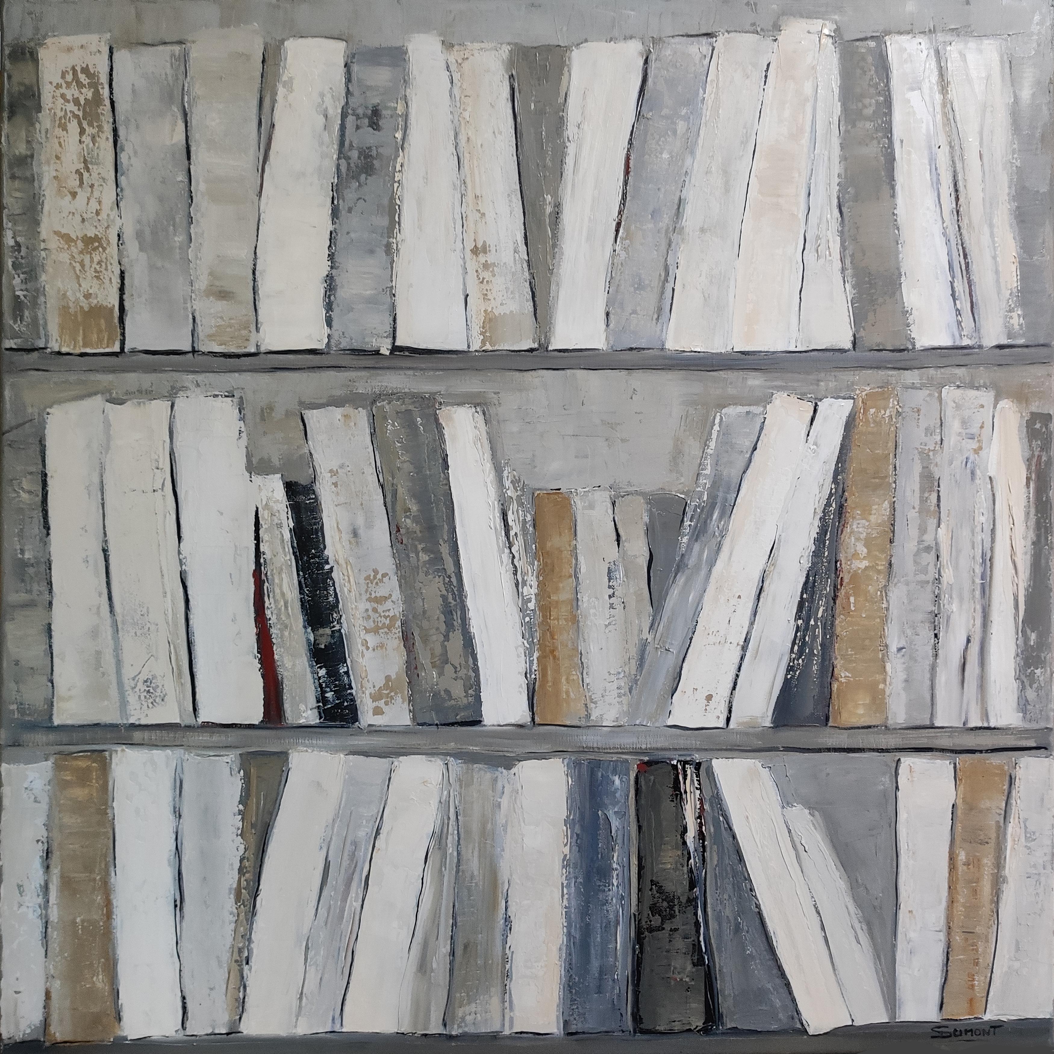 greige, bibliothèque abstraite, minimalisme, huile sur toile, contemporain, expressionnisme - Expressionnisme abstrait Painting par SOPHIE DUMONT