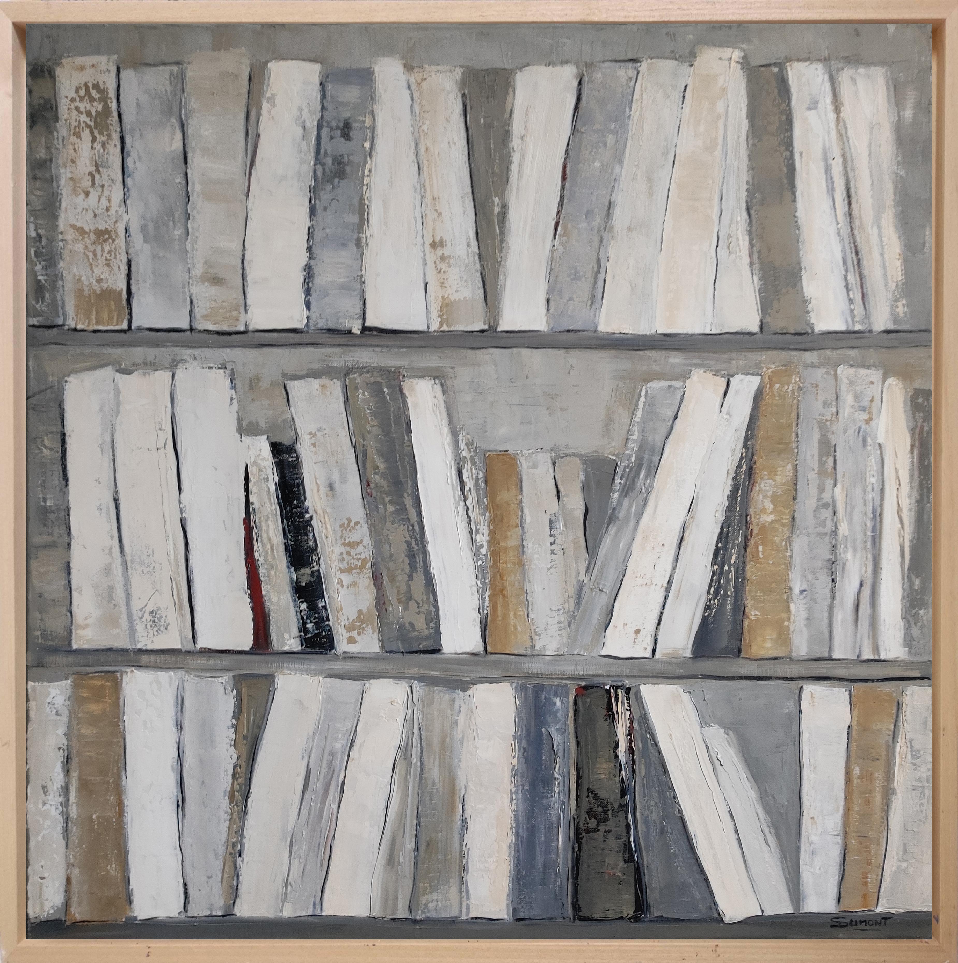 Abstract Painting SOPHIE DUMONT - greige, bibliothèque abstraite, minimalisme, huile sur toile, contemporain, expressionnisme
