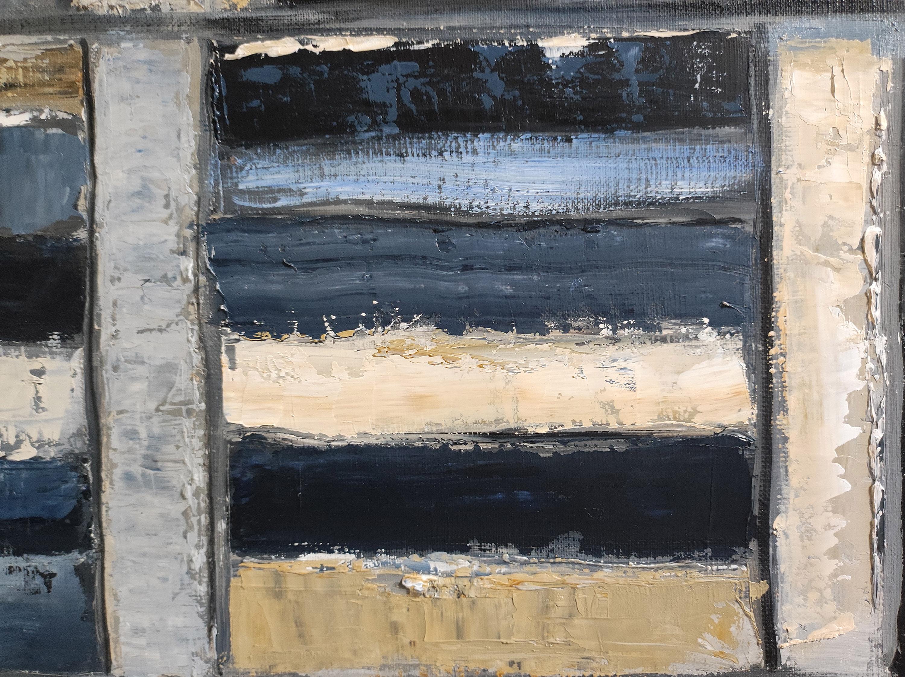 Painting of a library with gray, blue and black books worked in oil and knife. 
Books are present but at the limit of abstraction. The important thing for the Sophie Dumont is to share his passion for books by highlighting the aesthetic side of a