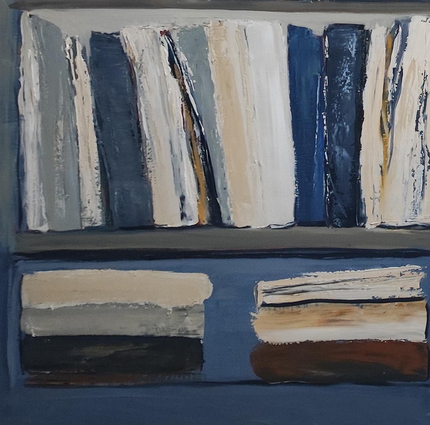 Harmonie littéraire, Abstract library geometric, textured, expressionism, blue For Sale 3