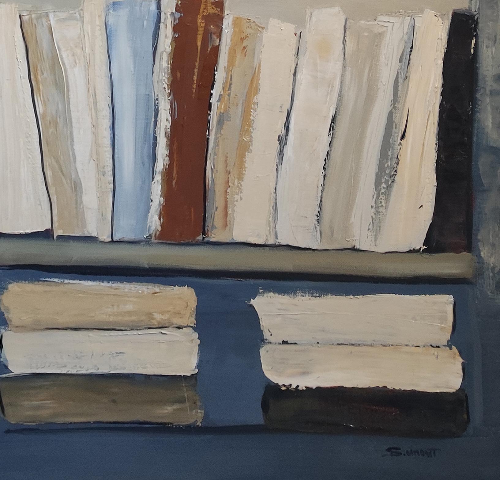 Harmonie littéraire, Abstract library geometric, textured, expressionism, blue For Sale 4