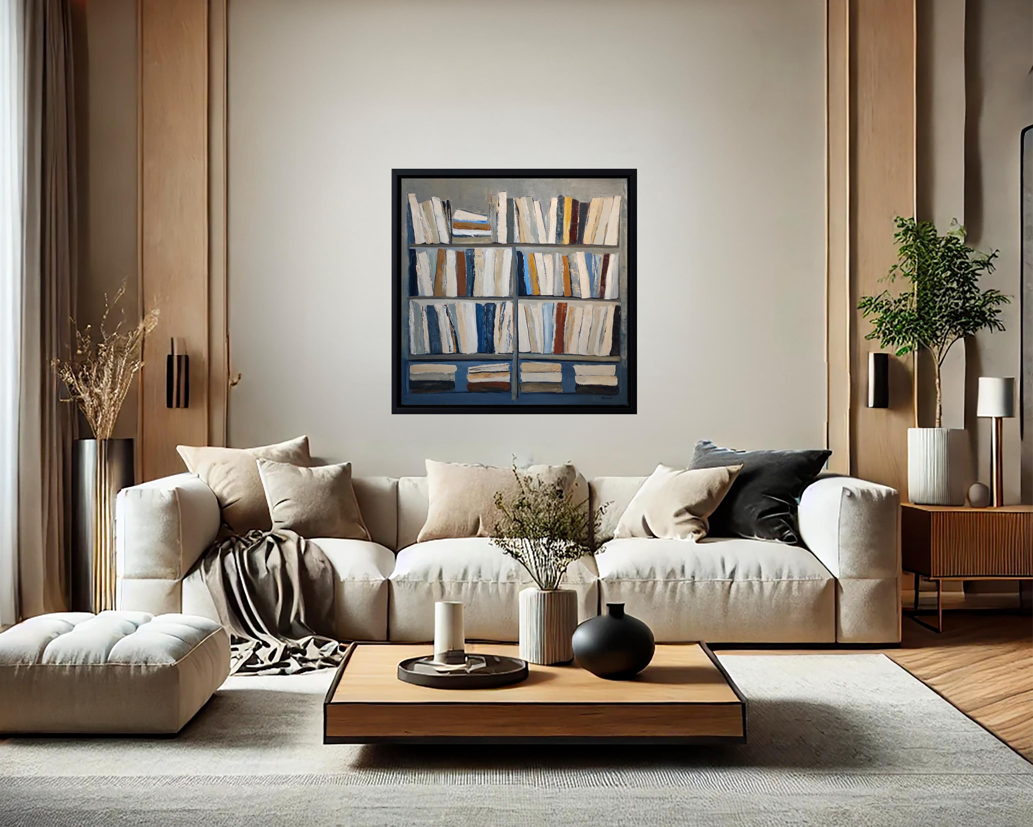 Harmonie littéraire, Abstract library geometric, textured, expressionism, blue For Sale 5