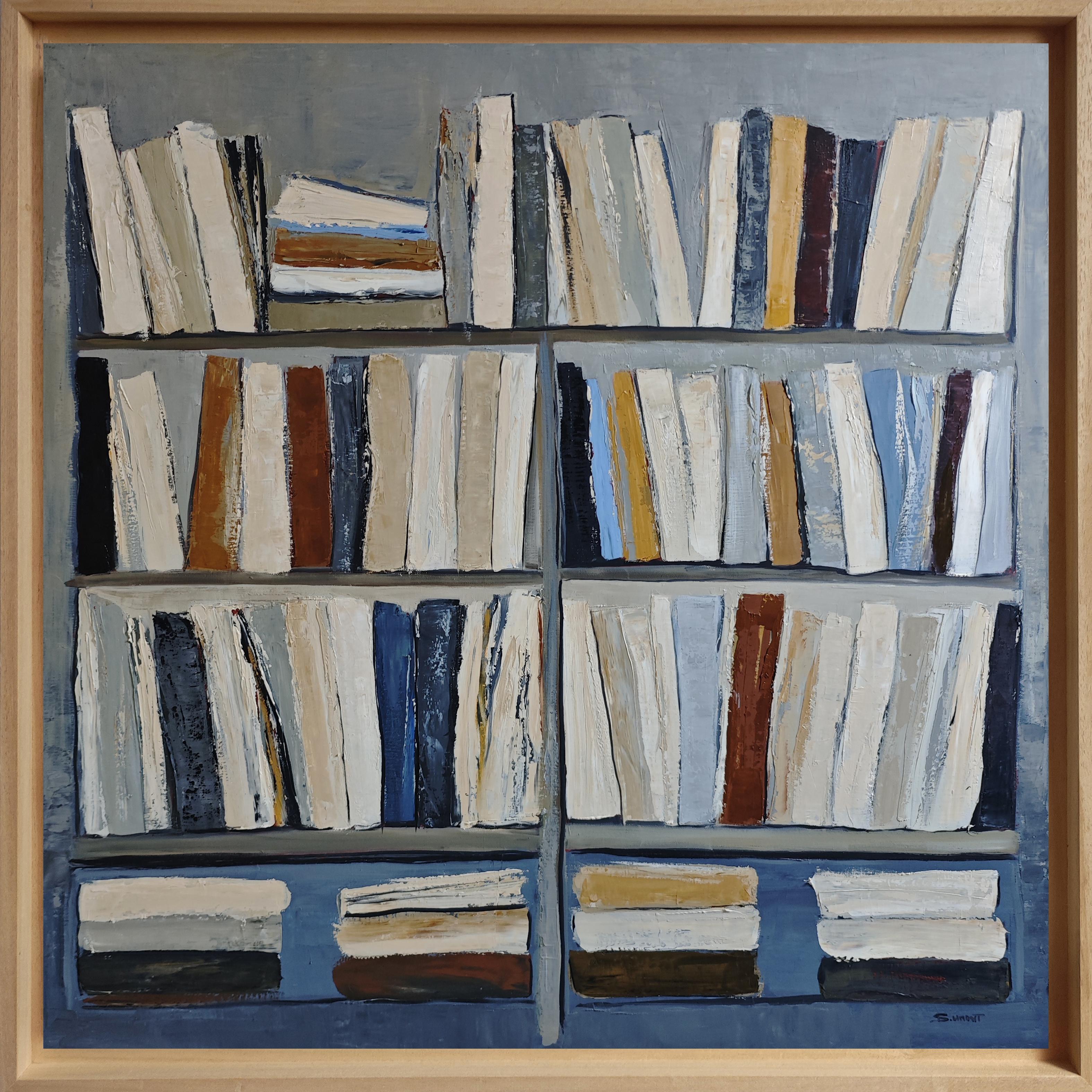 Harmonie littéraire, Bibliothèque abstraite, géométrique, texturée, expressionniste, bleue