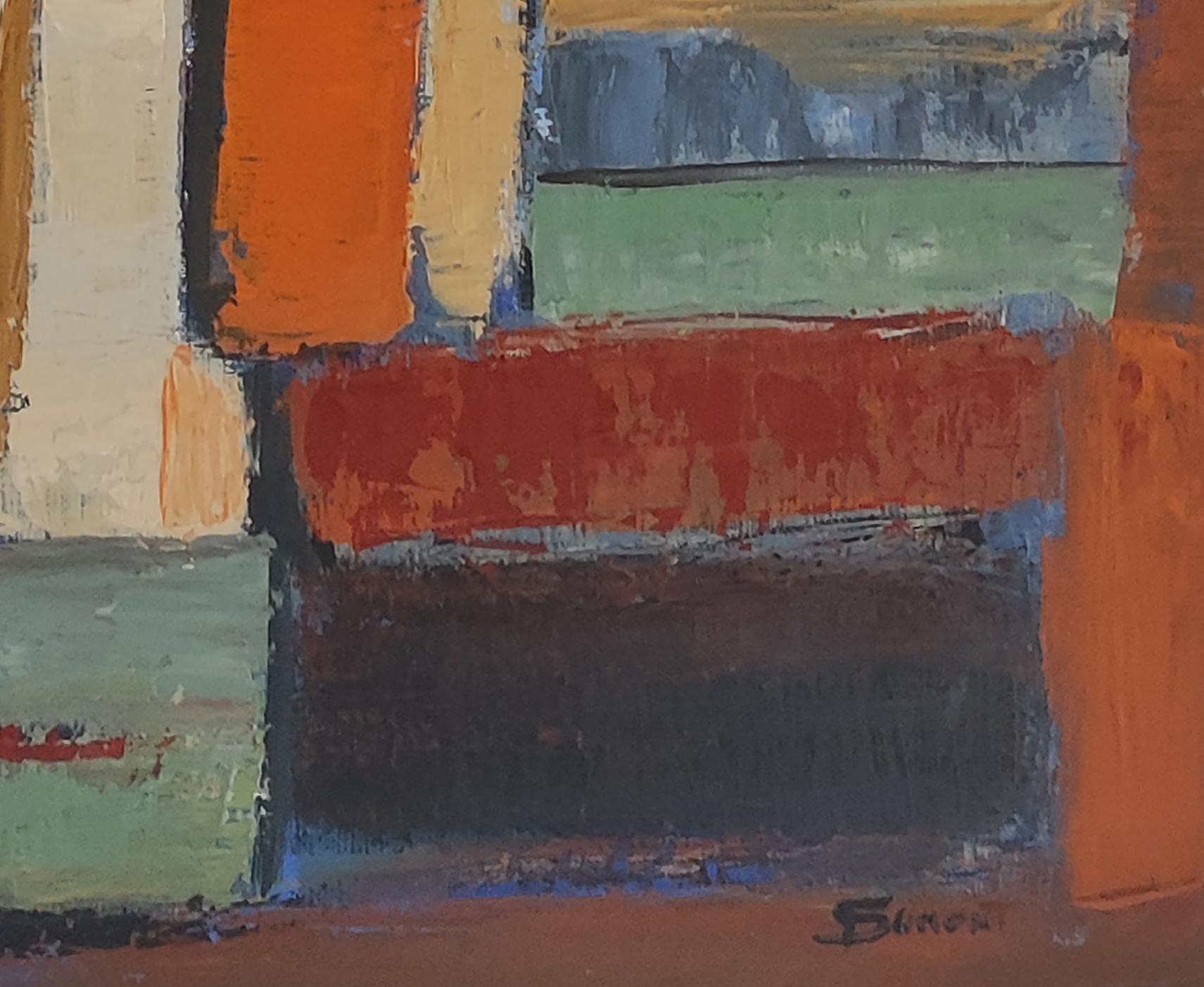 geometric abstract painting of books in a library.
The colors are muted, mixing warm and cold colors.
The library is a favorite subject of the artist who began his series in 2016 and is still relevant
Oil on canvas worked with a knife with a fairly