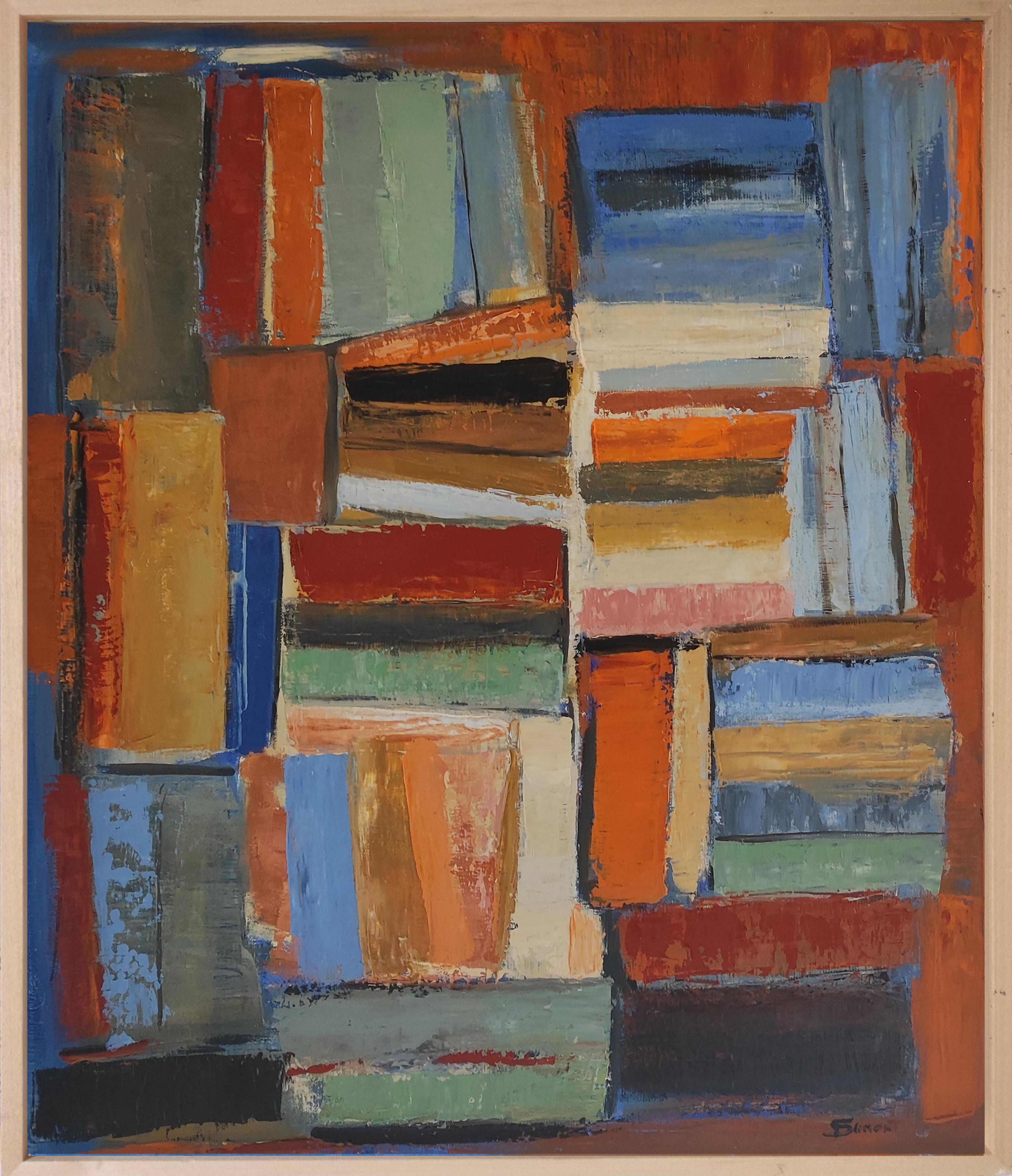 SOPHIE DUMONT Abstract Painting – Harmony/2, farbig abstrakt, Bücher, Öl auf Leinwand, Expressionismus, Geometrie 