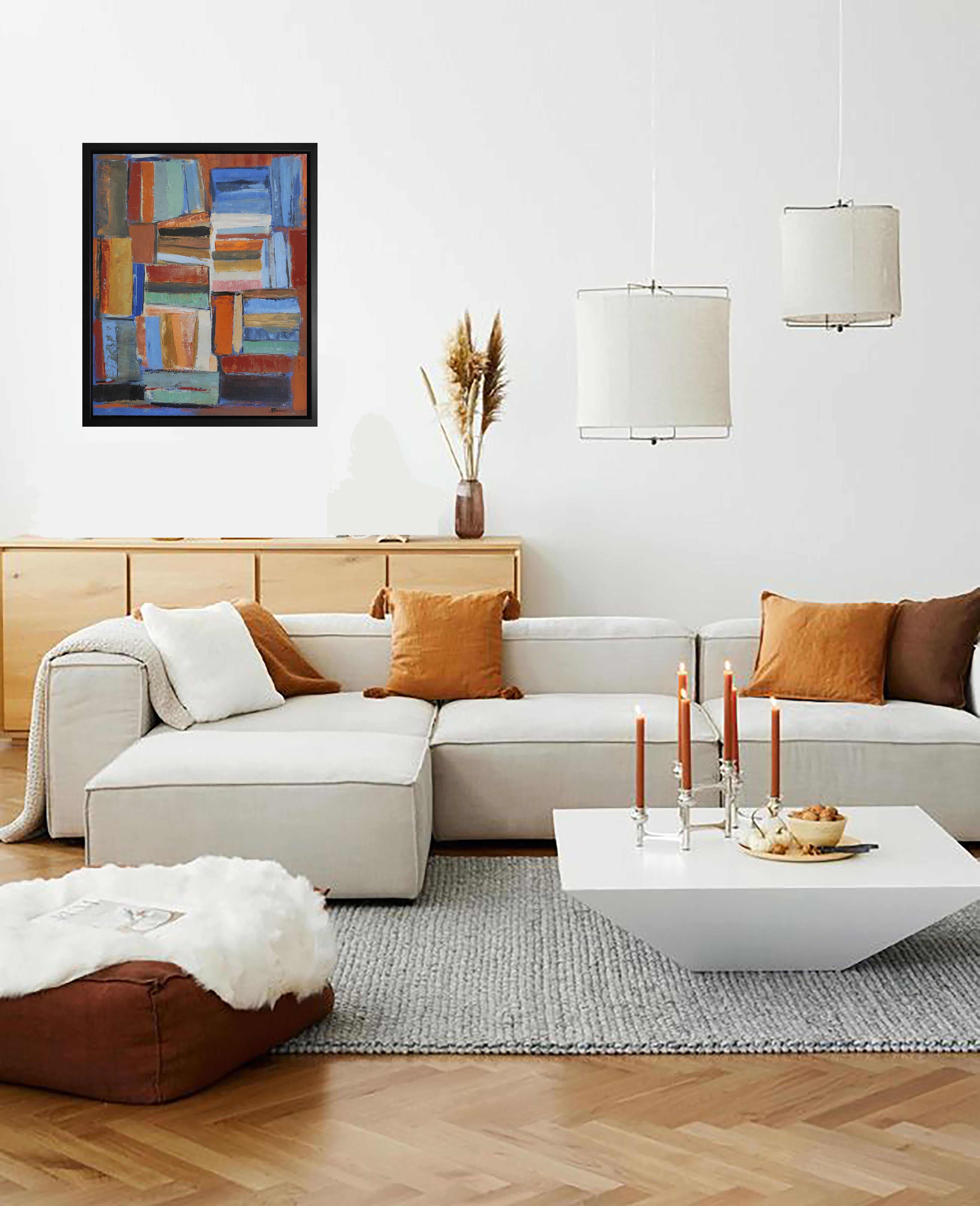 Harmony/2, Colored Abstract, Books, Oil on canvas, Expressionism, Geometric - Brown Abstract Painting by SOPHIE DUMONT