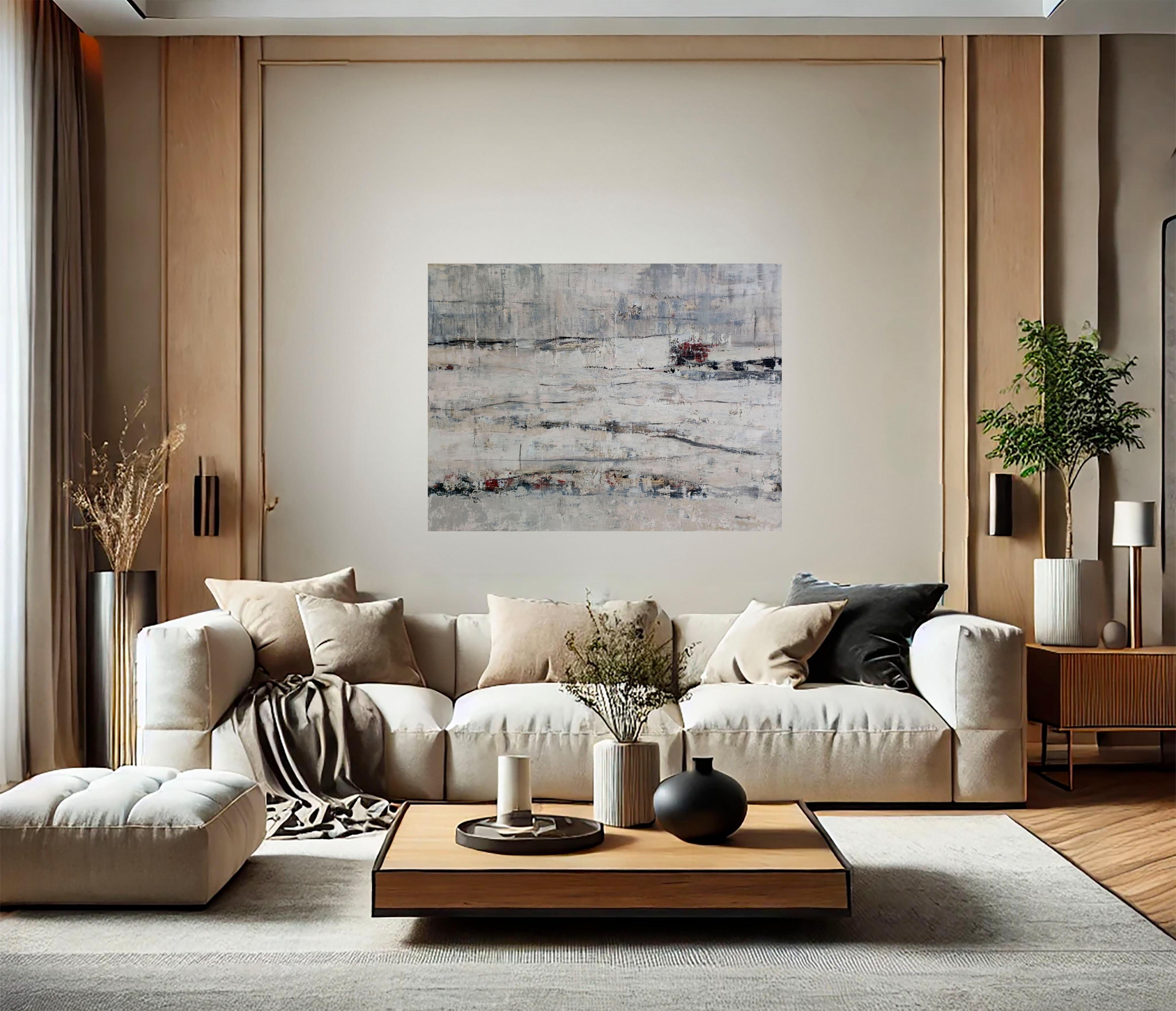Hiver, paesaggio astratto, monocromo, minimalismo, espressionismo bianco, olio - Painting di SOPHIE DUMONT