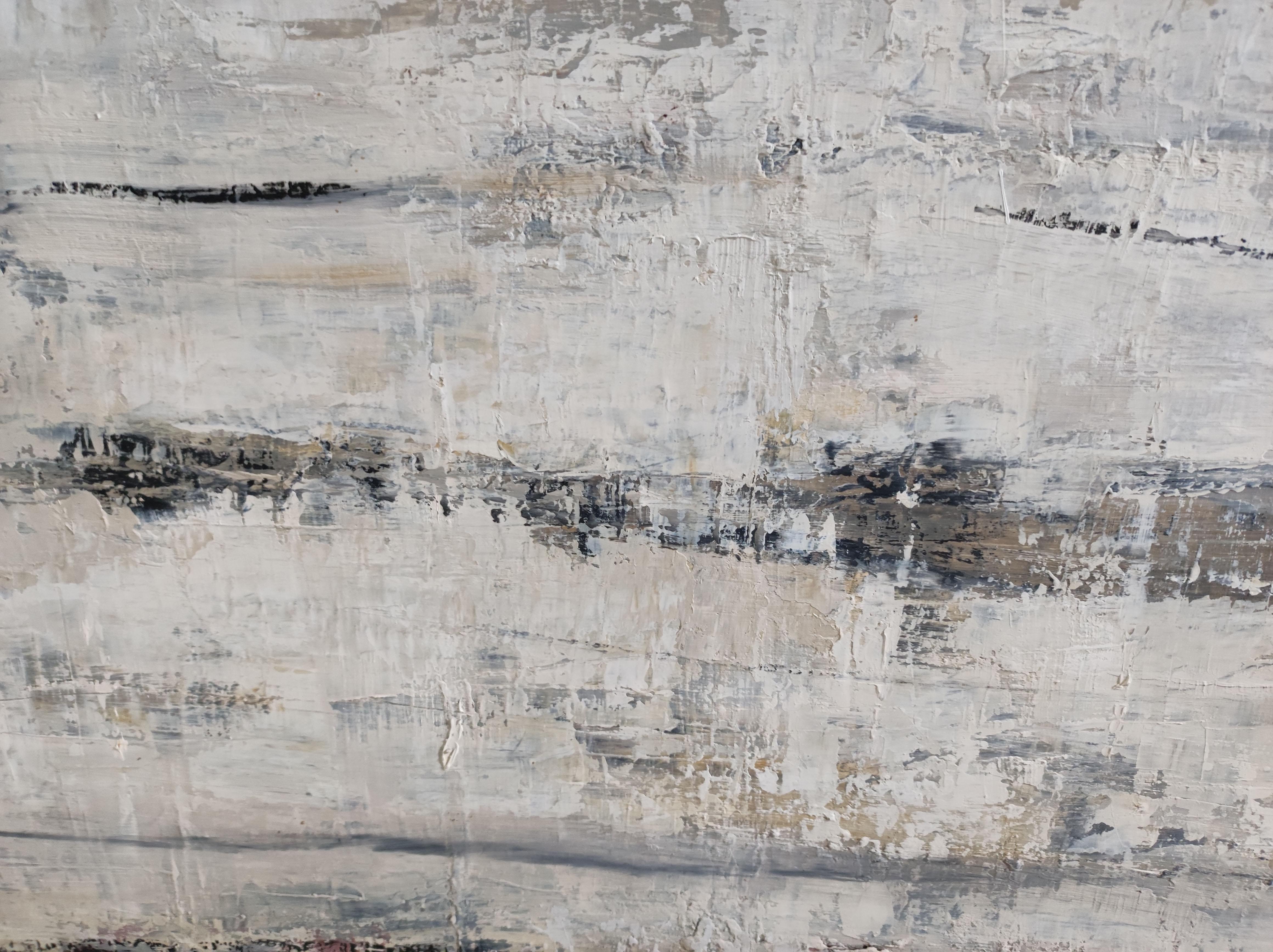 Hiver, abstract landscape, monochrome, minimalism, white expressionism, oil - Gray Abstract Painting by SOPHIE DUMONT