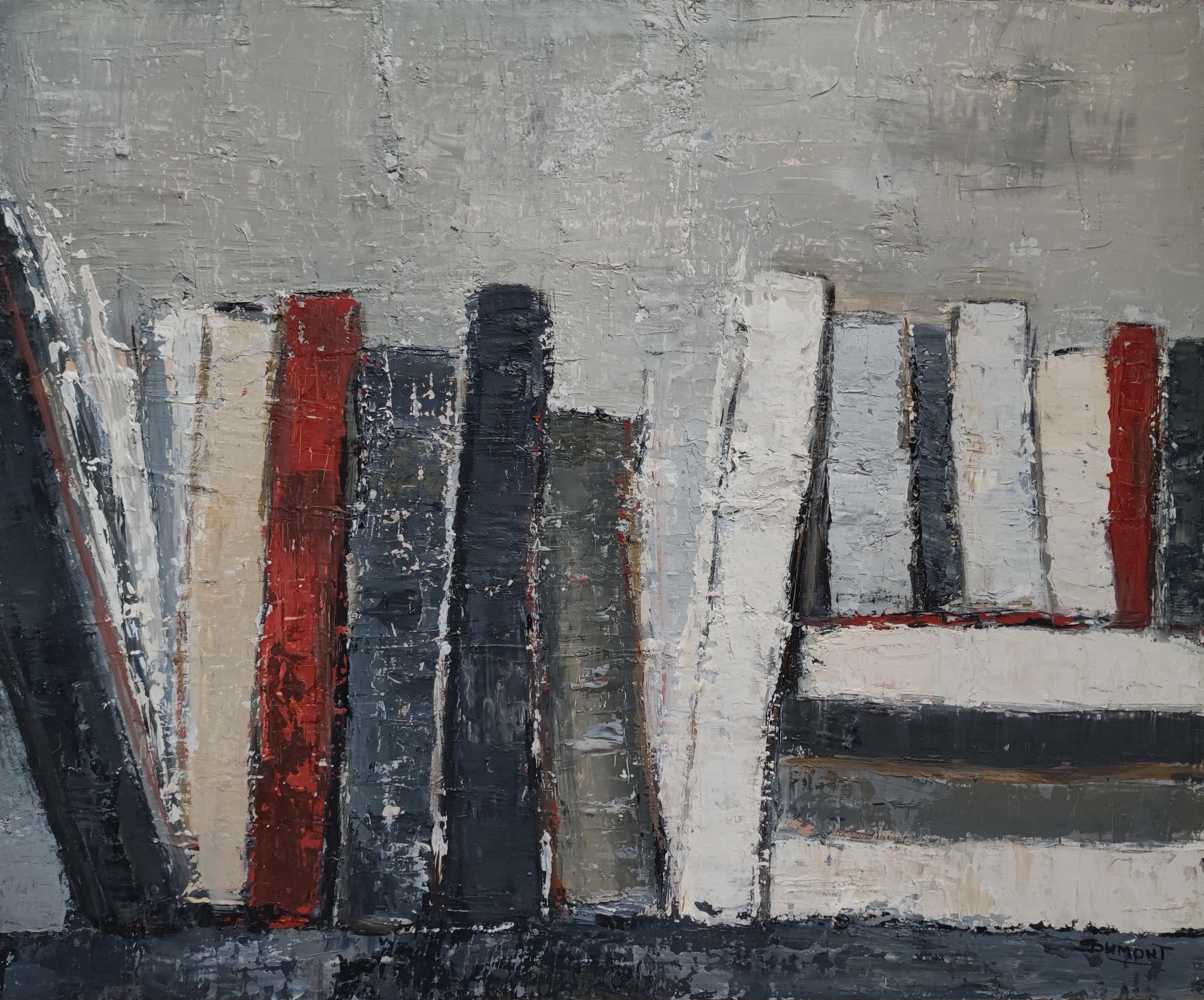 in octavo, abstract, minimalism, textured, expressionism, oil, books, libraries  - Painting by SOPHIE DUMONT