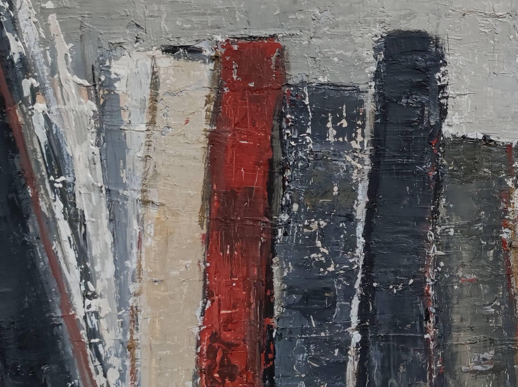 in octavo, abstract, minimalism, textured, expressionism, oil, books, libraries  - Gray Abstract Painting by SOPHIE DUMONT