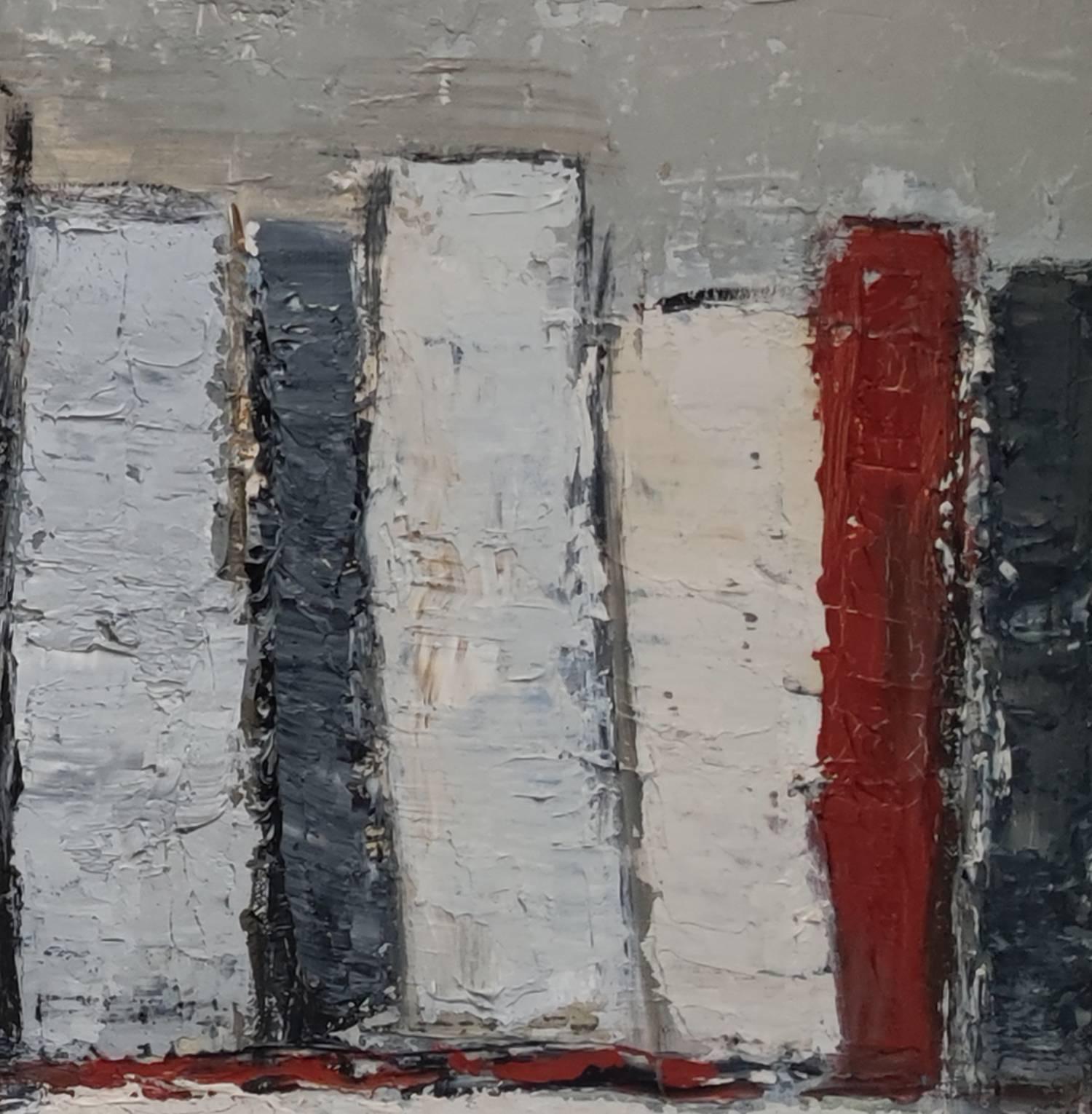 Sophie Dumont is a French artist whose work is recognized internationally. She works on several themes such as books here or landscapes and artists' studios
Table of red, white and gray ocher books placed on a shelf, worked in oil and knife.