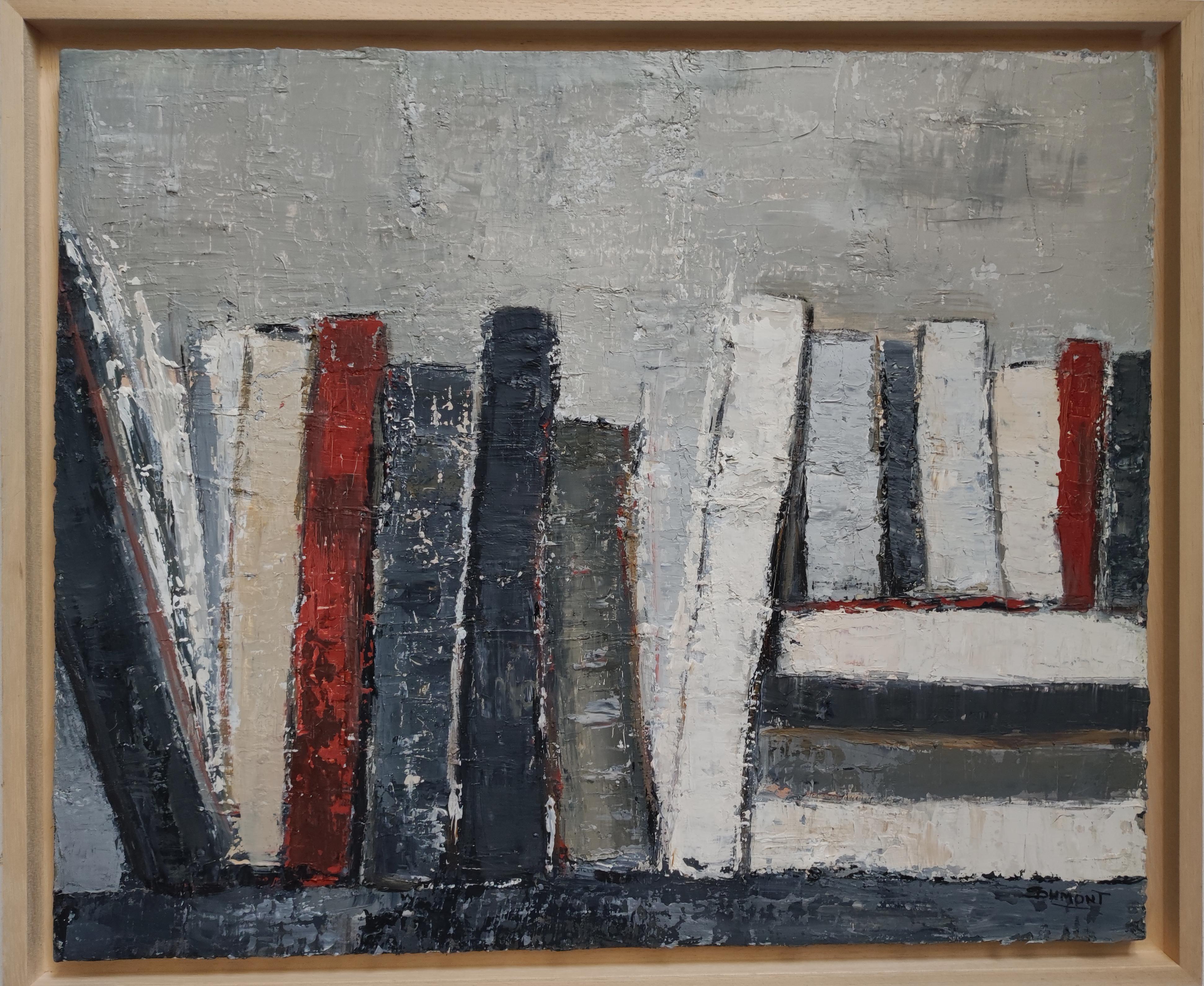 SOPHIE DUMONT Abstract Painting - in octavo, abstract, minimalism, textured, expressionism, oil, books, libraries 