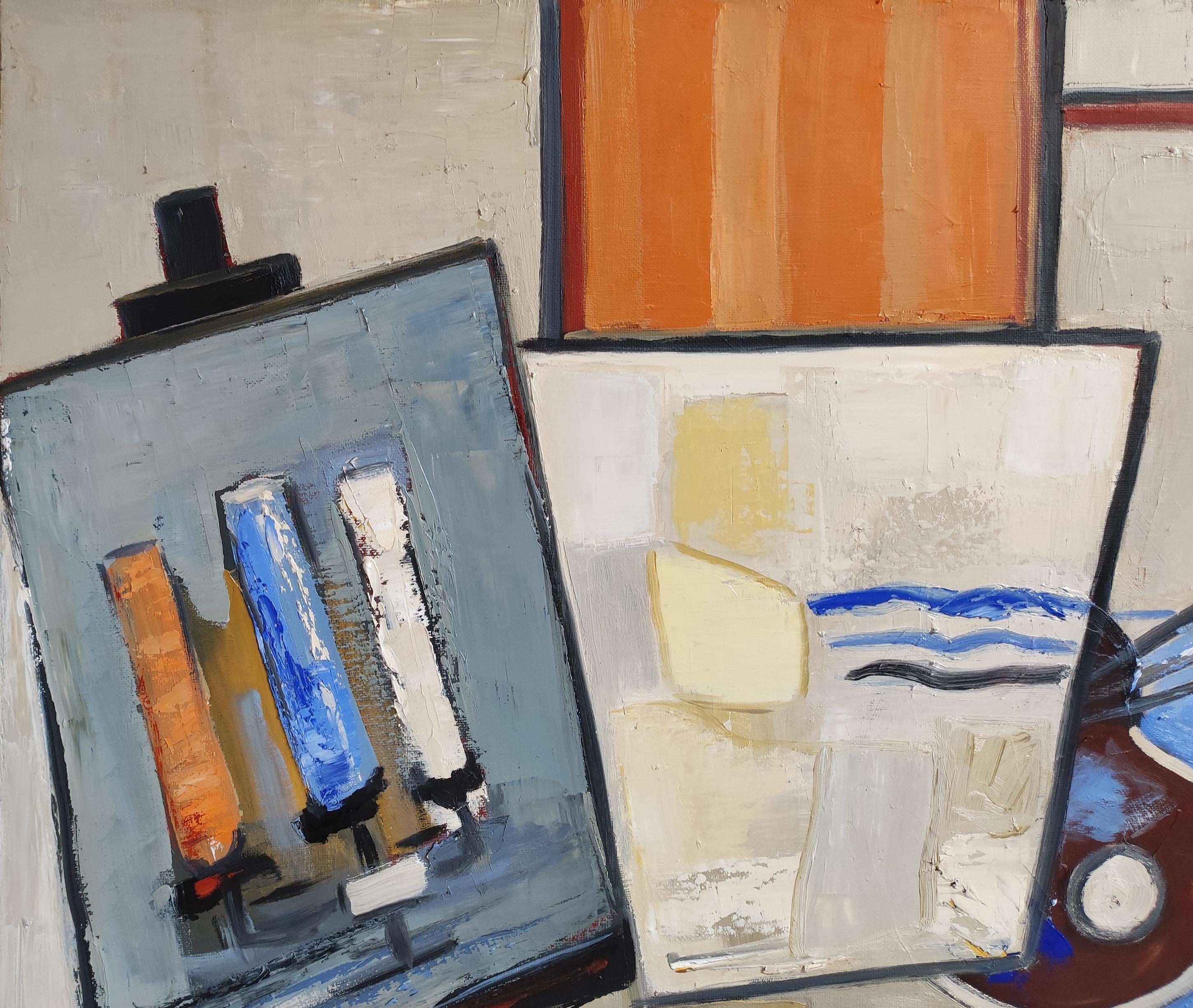Im Studio, Komposition, Abstrakt, Geometrisch, Contemporary, Kubismus, Französisch – Painting von SOPHIE DUMONT