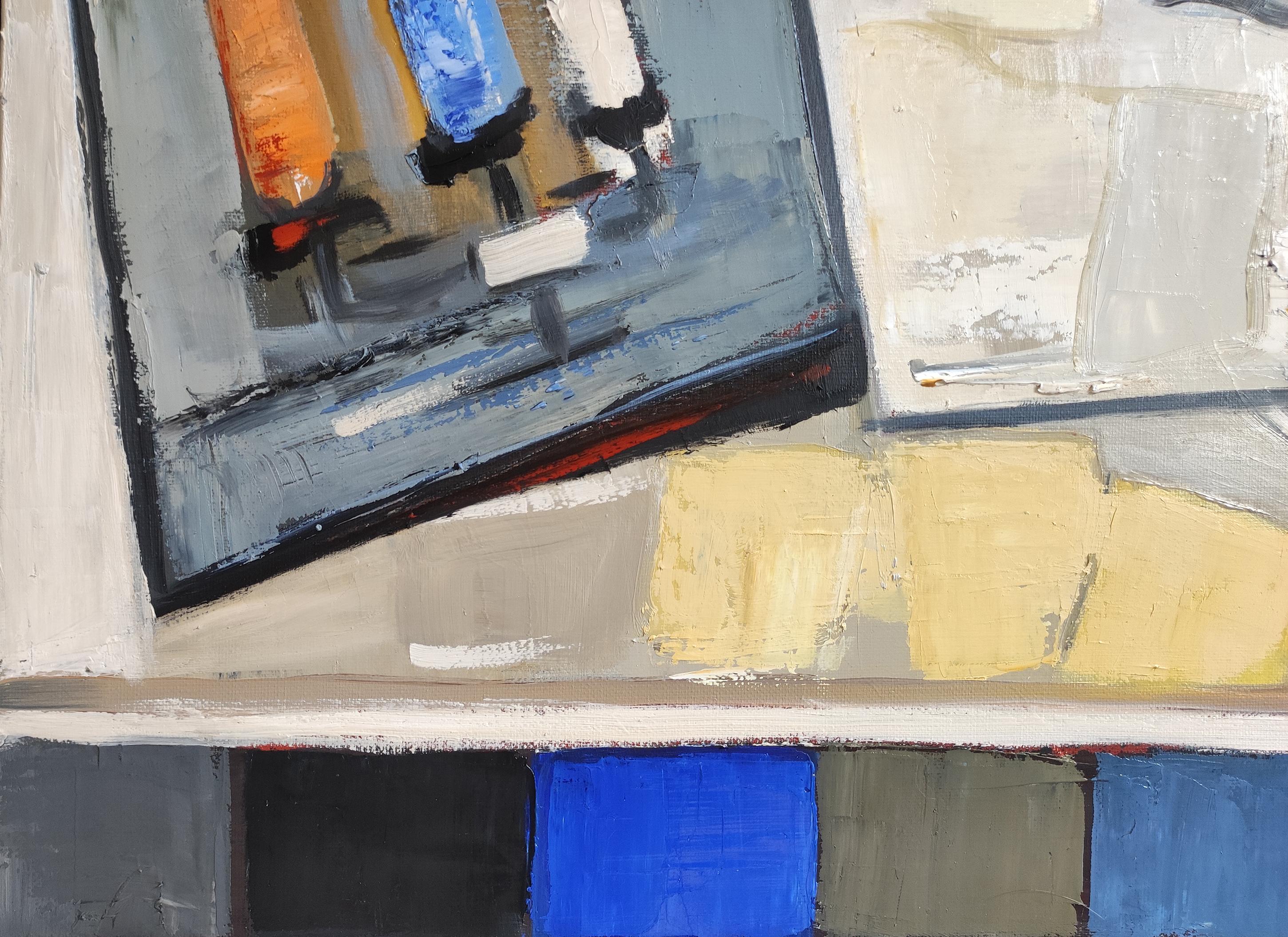 Im Studio, Komposition, Abstrakt, Geometrisch, Contemporary, Kubismus, Französisch (Abstrakter Expressionismus), Painting, von SOPHIE DUMONT