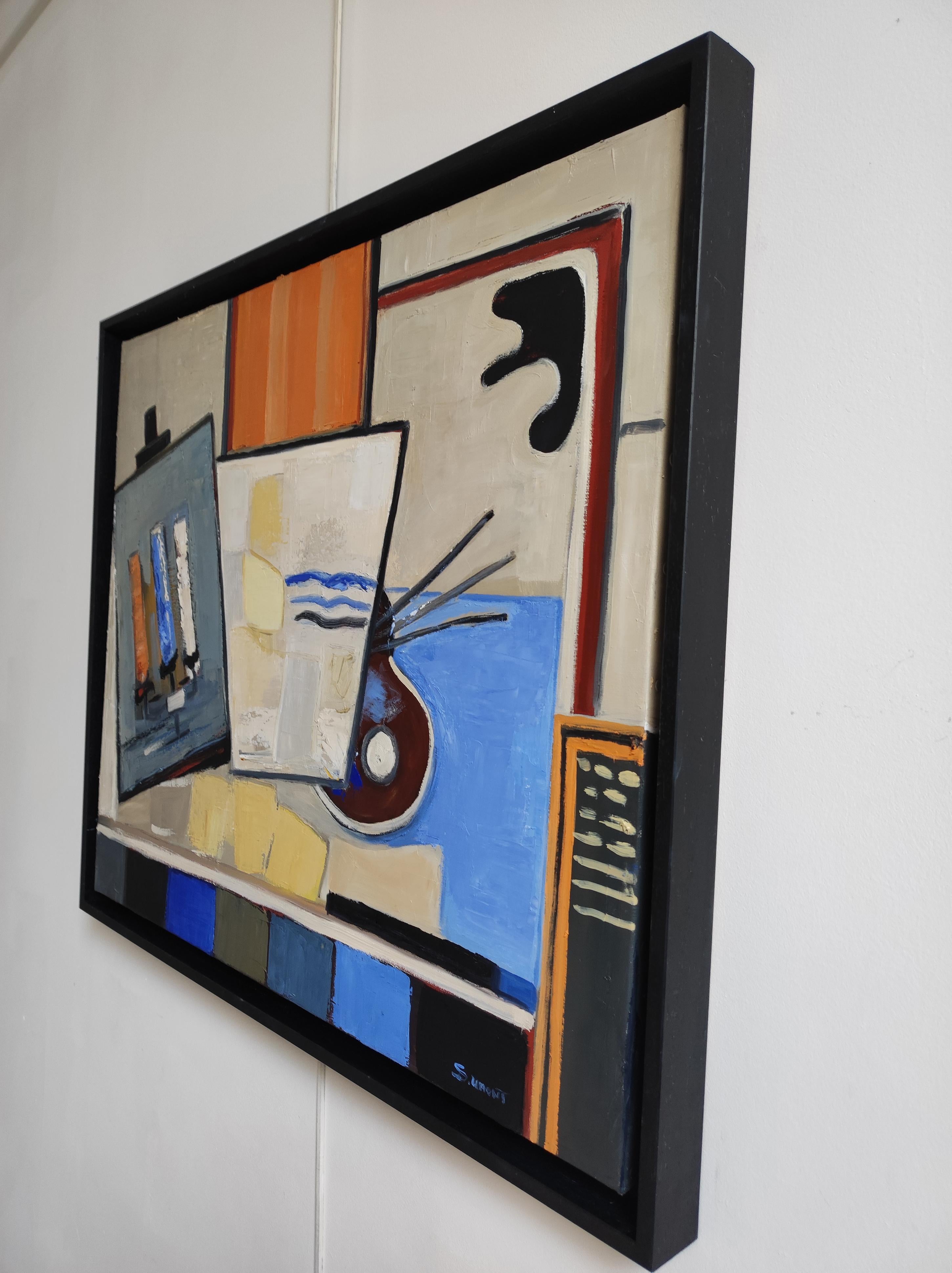 Im Studio, Komposition, Abstrakt, Geometrisch, Contemporary, Kubismus, Französisch (Schwarz), Interior Painting, von SOPHIE DUMONT