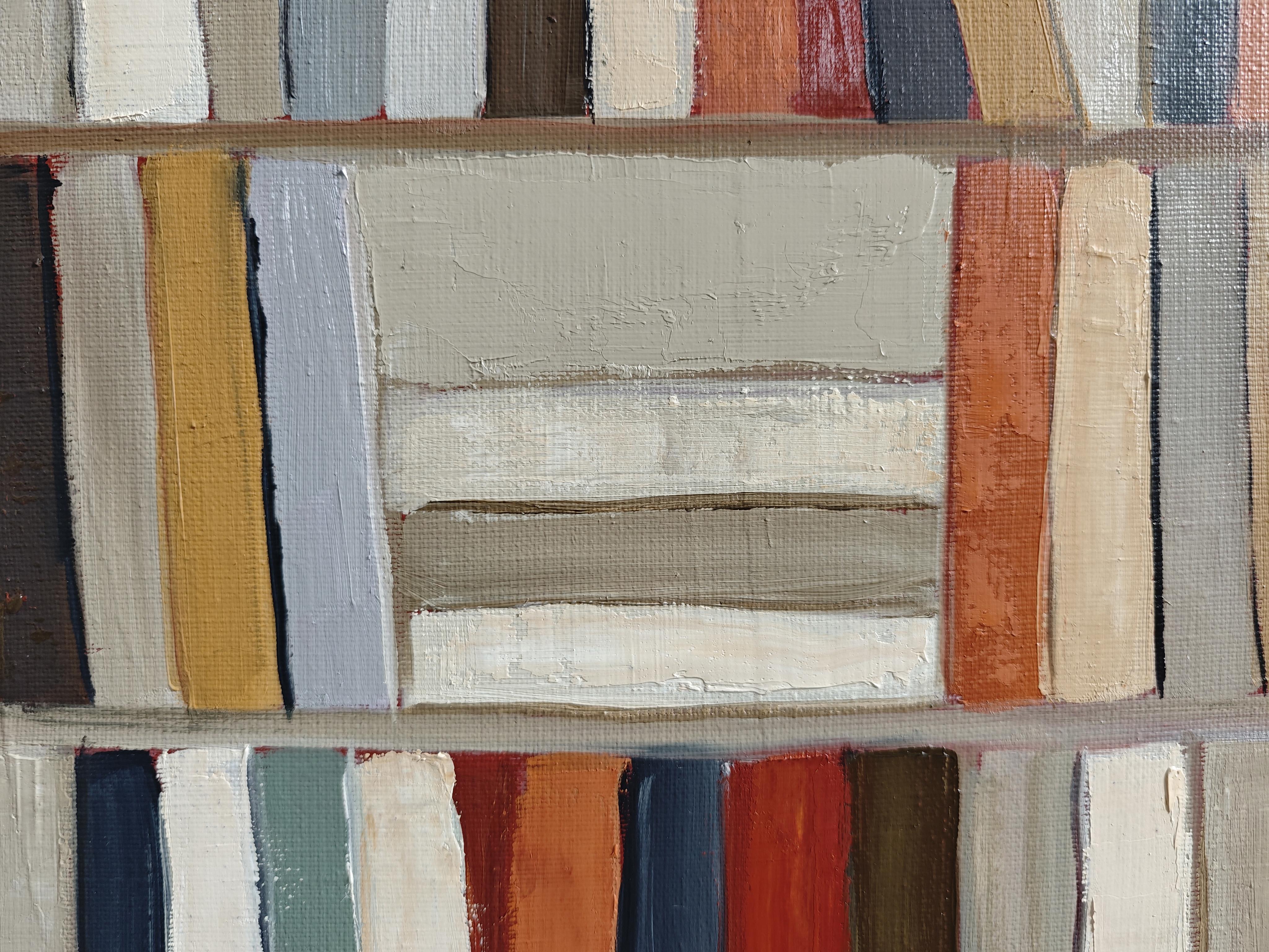 Pintura al óleo abstracta sobre estantería de la artista contemporánea francesa Sophie Dumont, Biblioteca Interior explora la arquitectura silenciosa de la memoria y el pensamiento. Conocida por sus composiciones poéticas y su técnica al óleo por