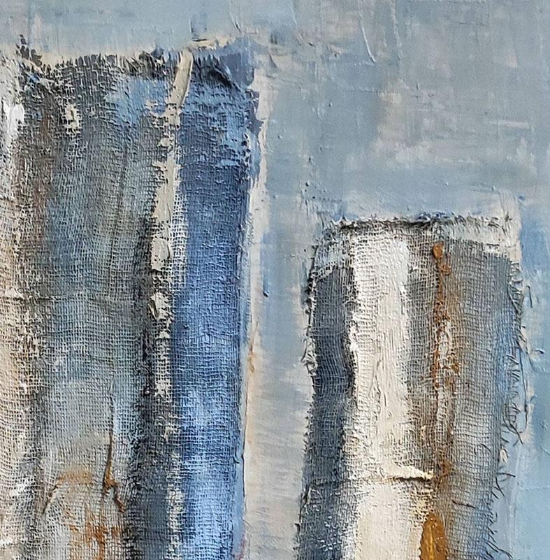 it's up to you, blue abstract, minimalism, oil and fabric on canvas, japandi - Gray Still-Life Painting by SOPHIE DUMONT