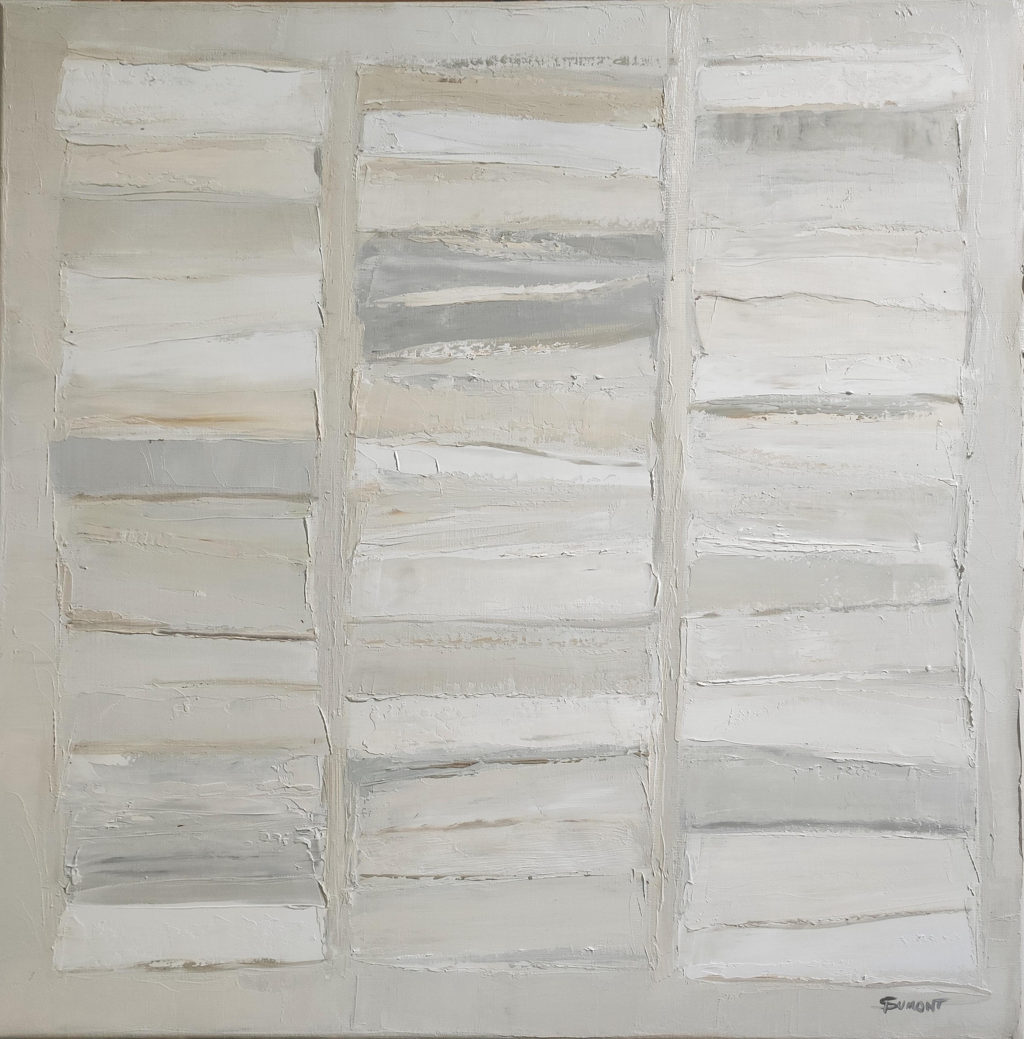 Japandi, abstract library,  linen, expressionism, minimalism, modern, impasto - Gray Still-Life Painting by SOPHIE DUMONT
